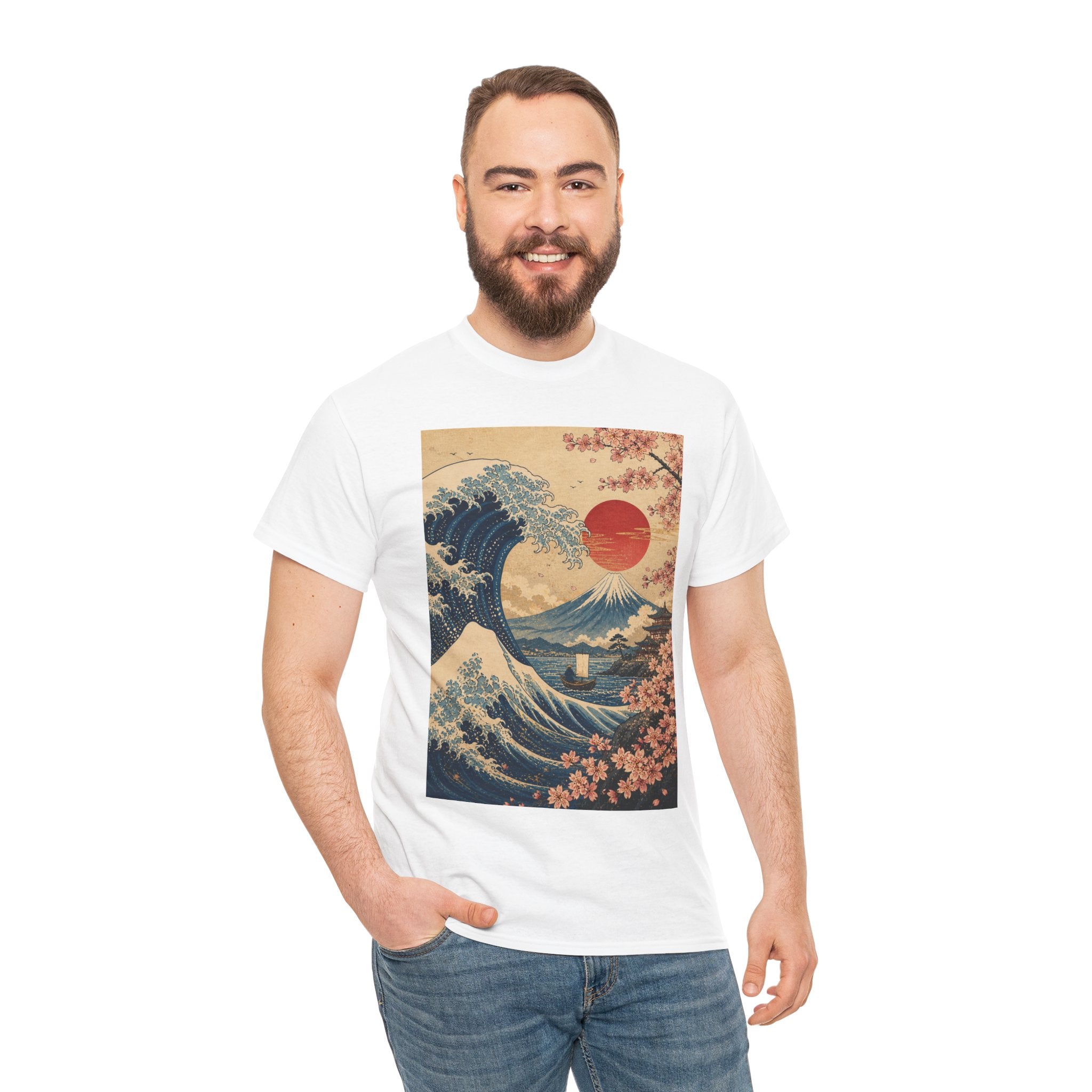 Vintage Japanese Wave Tee — Sakura Sunset Hokusai-Inspired Graphic Shirt