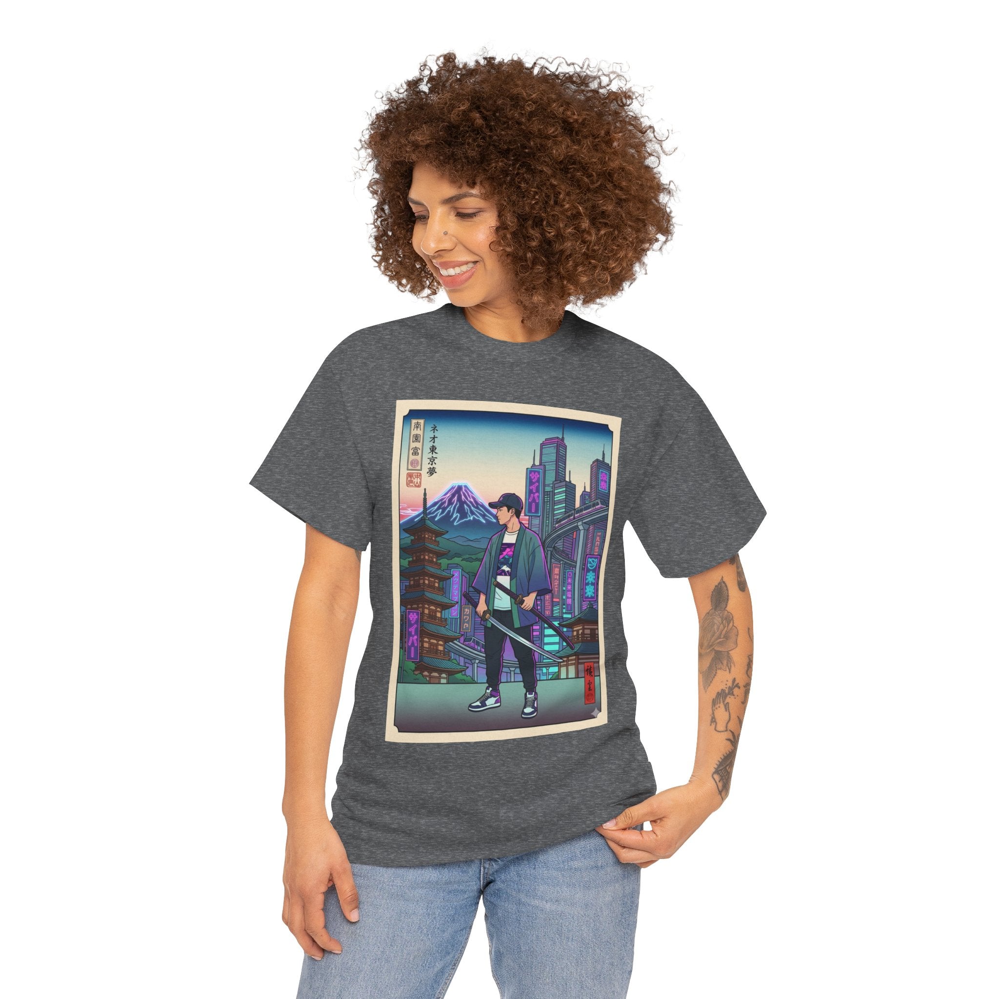Samurai Neon City T-Shirt — Retro Japanese Streetwear Tee