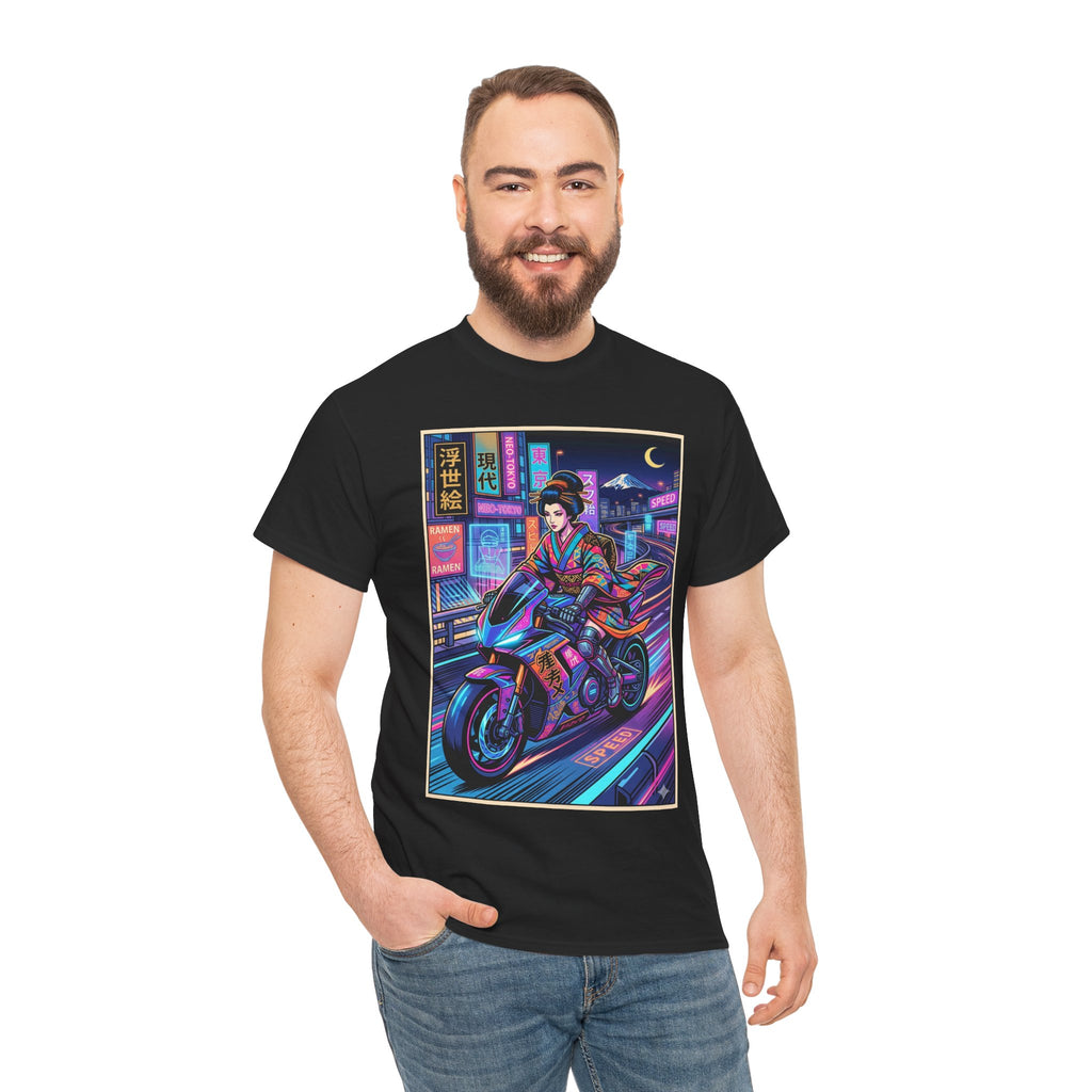 Neon Samurai Motorcycle Tee — Cyberpunk Night Rider Graphic T-Shirt