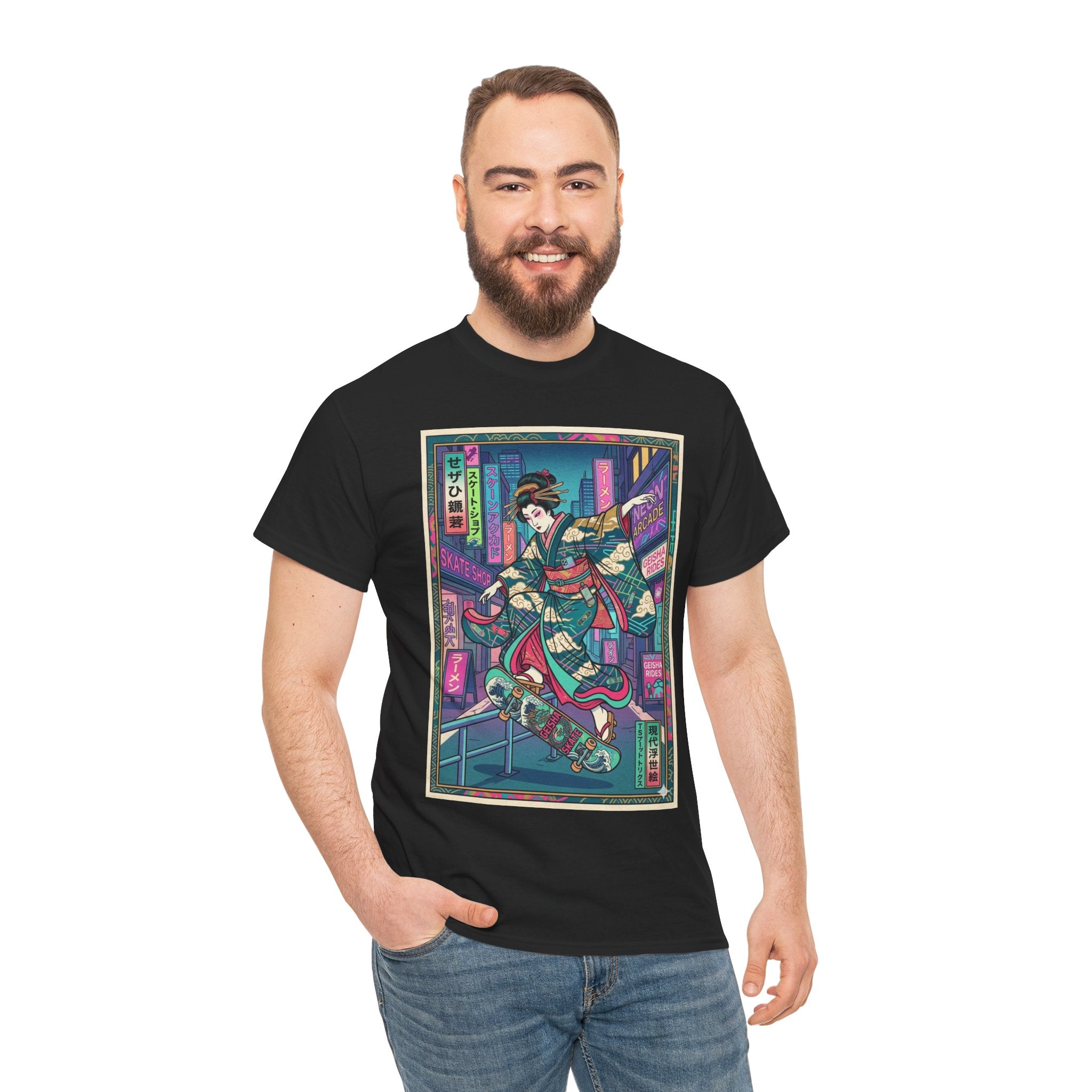 Geisha Skateboard Tee — Neon Cyberpunk Japanese Streetwear T-Shirt