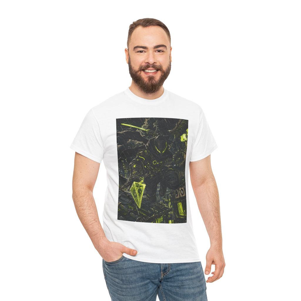 Neon Cyberpunk Graphic Tee — Dark Futuristic Cityscape Design
