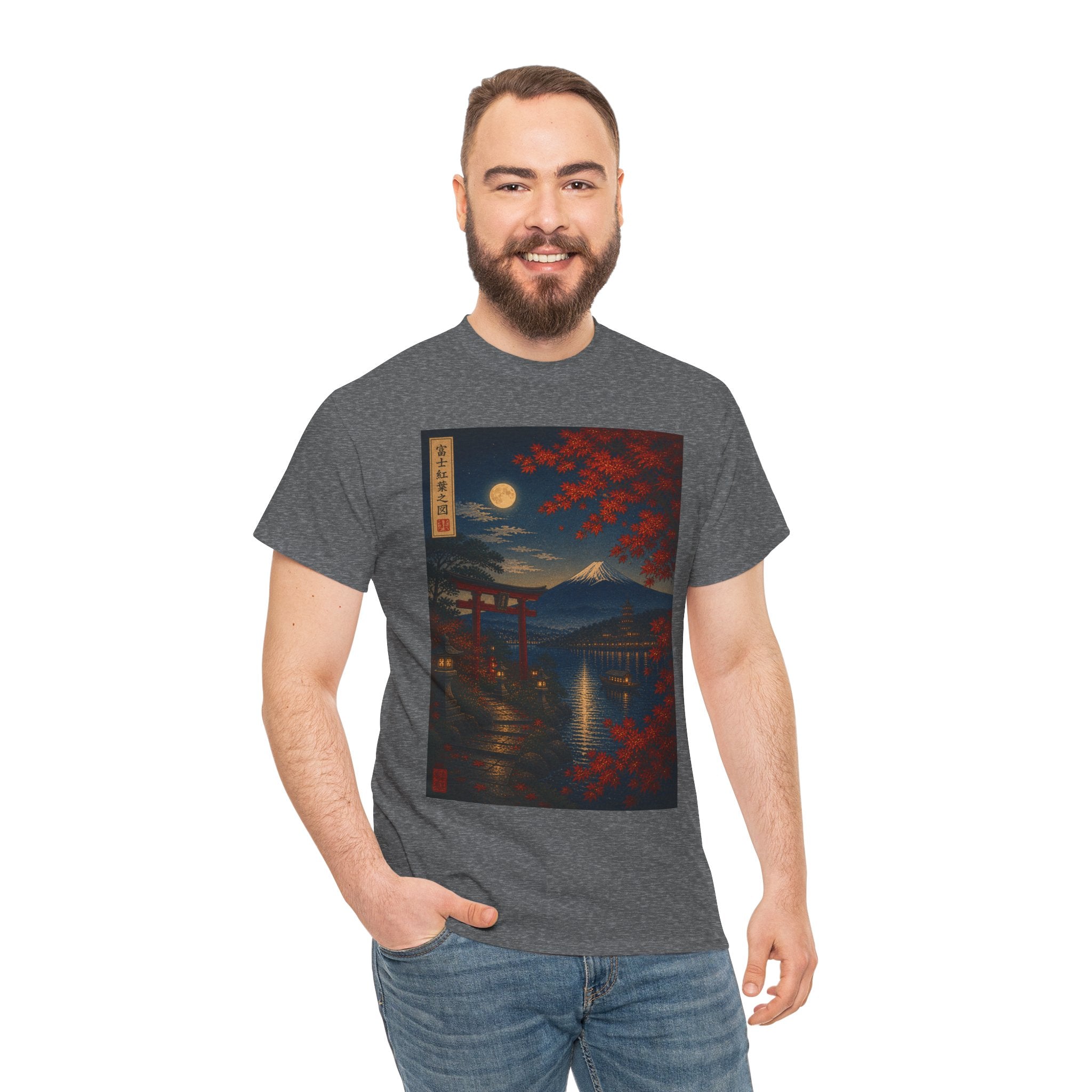 Japanese Nightscape Tee — Moonlit Torii & Autumn Maple Graphic T-Shirt