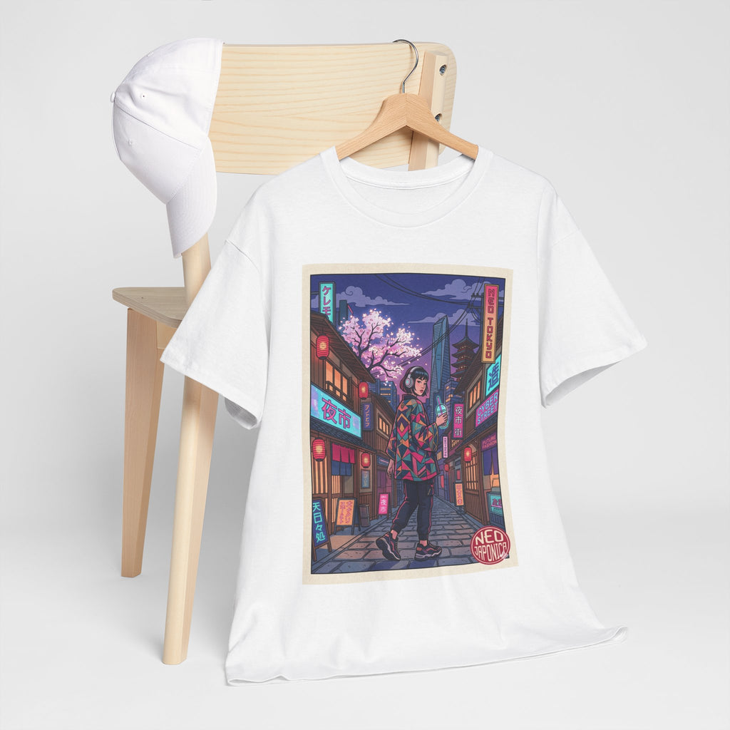 Anime Cyberpunk Streetwear Tee — Neon Night Sakura Print - Japanese Streetwear T-Shirt | Tokyo Style X