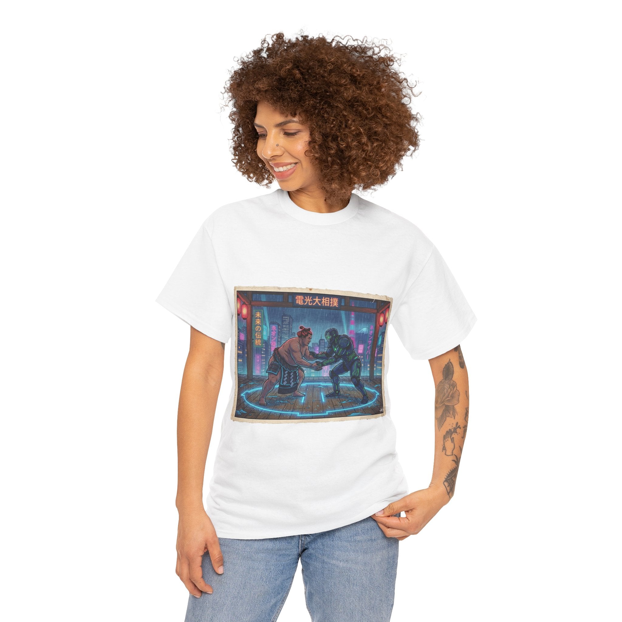 Cyberpunk Street Duel T-Shirt — Neon Samurai vs Robot Retro Arcade Tee