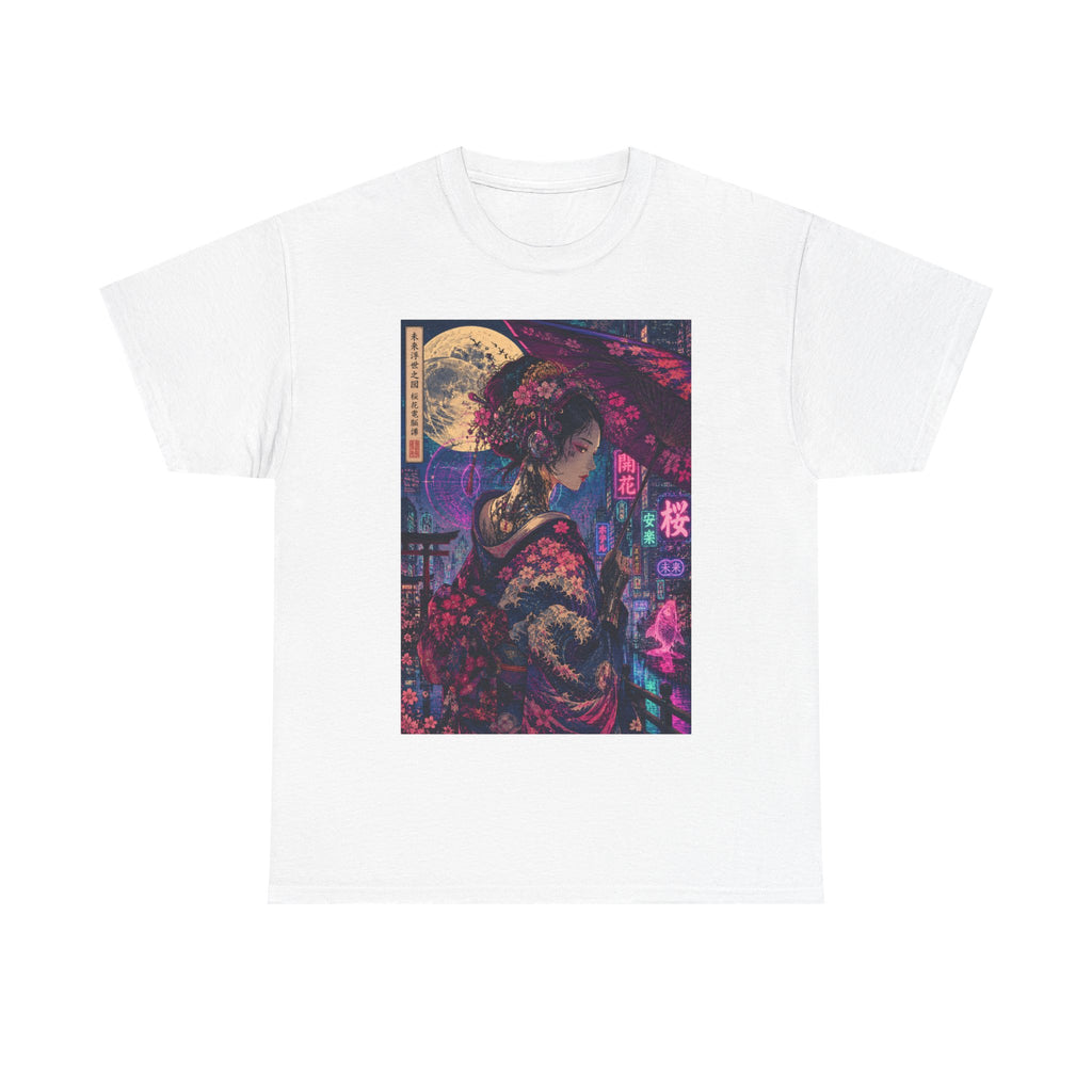 Geisha Neon Nights T-Shirt — Moonlit Sakura Cyberpunk Art Tee - Japanese Streetwear T-Shirt | Tokyo Style X