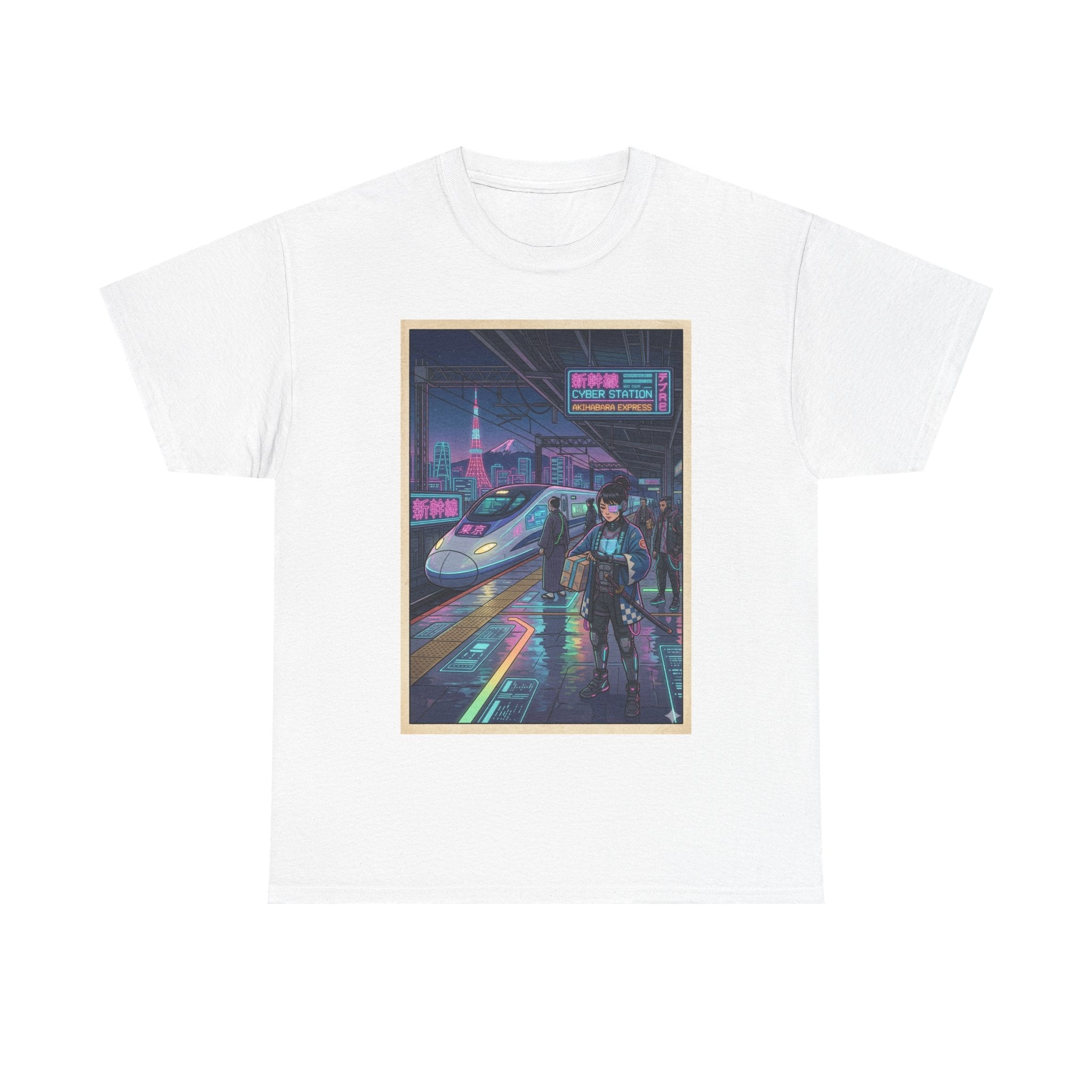 Cyberpunk Cityscape T-Shirt — Neon Train & Futuristic Rider Graphic Tee