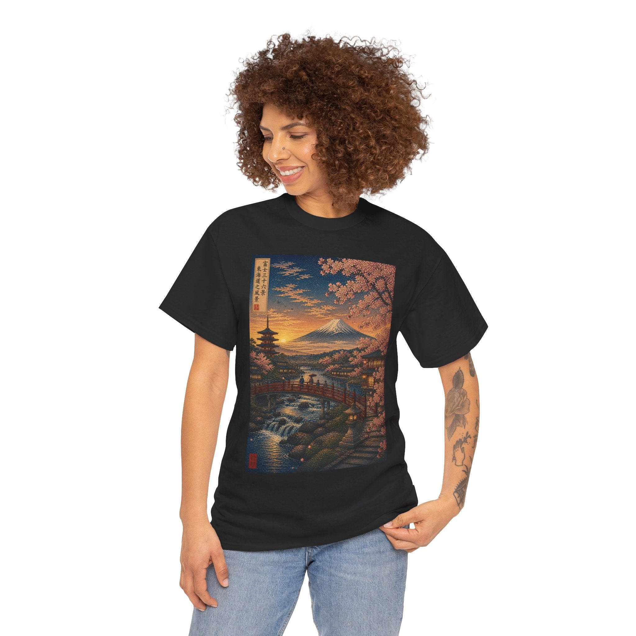 Japanese Cherry Blossom Landscape Tee — Mount Fuji Sunset Graphic T-Shirt