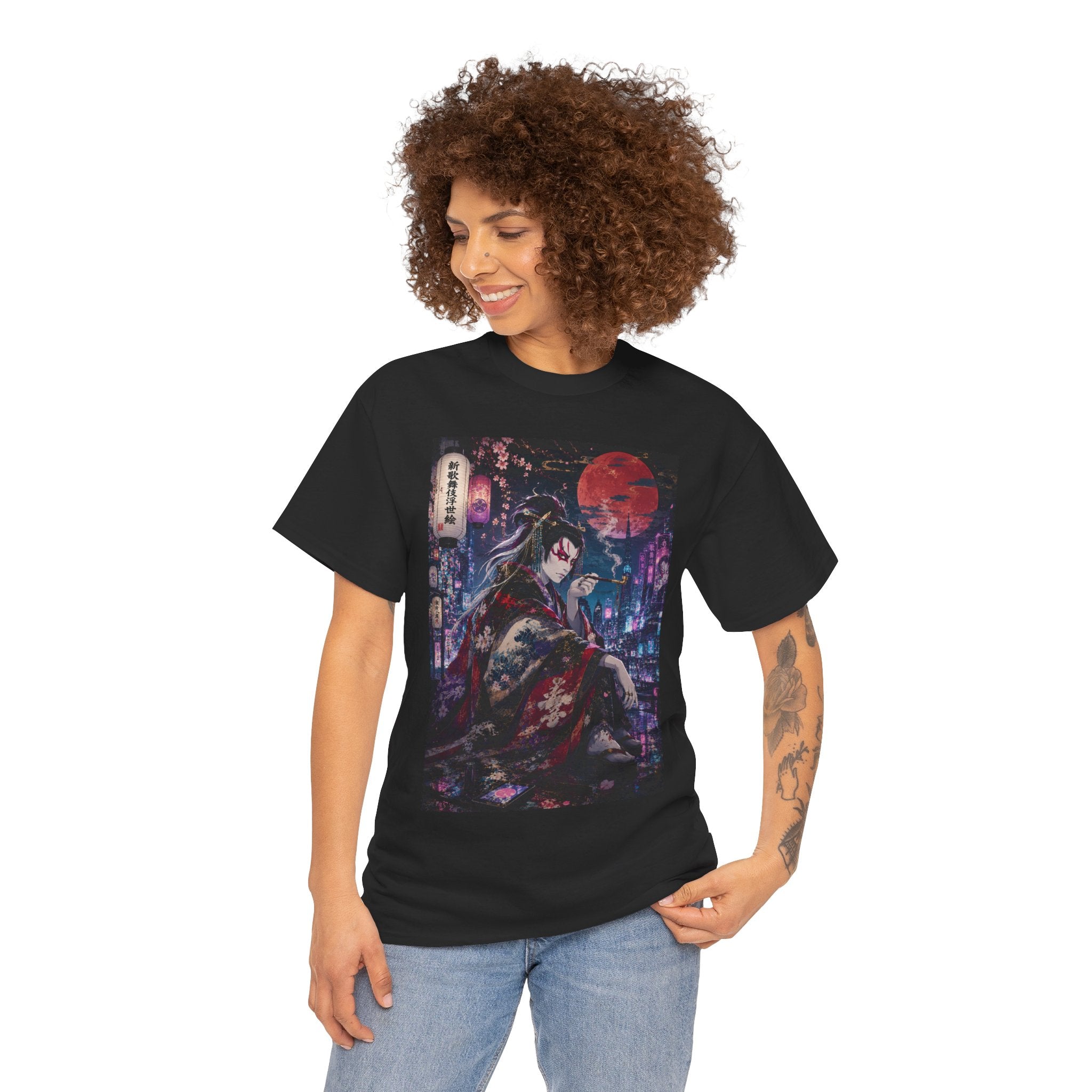 Anime Geisha Nightscape T-Shirt — Cyberpunk Kimono Art Tee