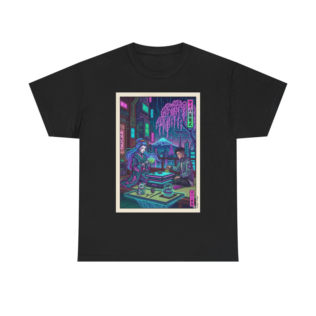 Cyberpunk Tea House Graphic Tee — Neon Retro Japanese-Style Street Scene