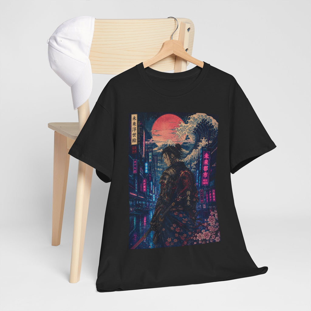 Samurai Neon City T‑Shirt — Cyberpunk Moonlit Japanese Street Graphic Tee