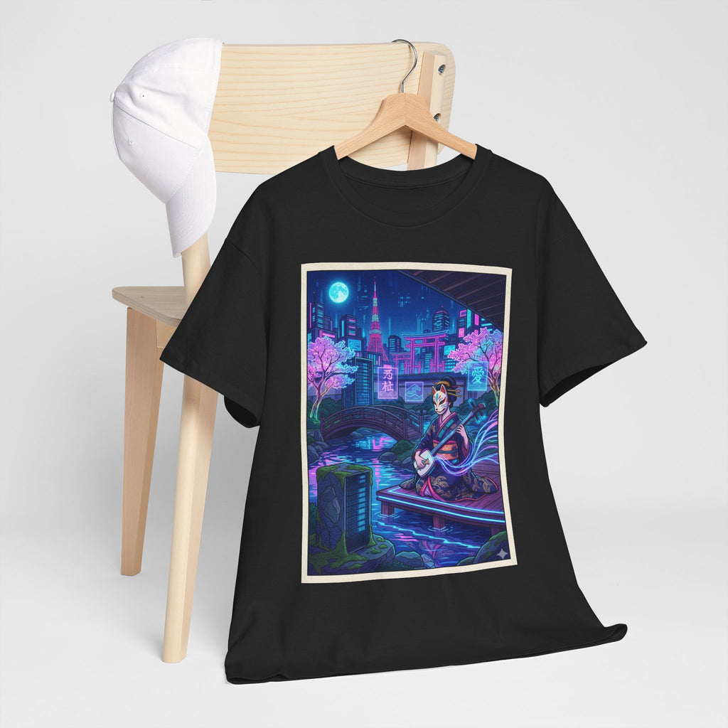 Anime Cyberpunk Guitarist T‑Shirt — Neon City Nightscape Tee