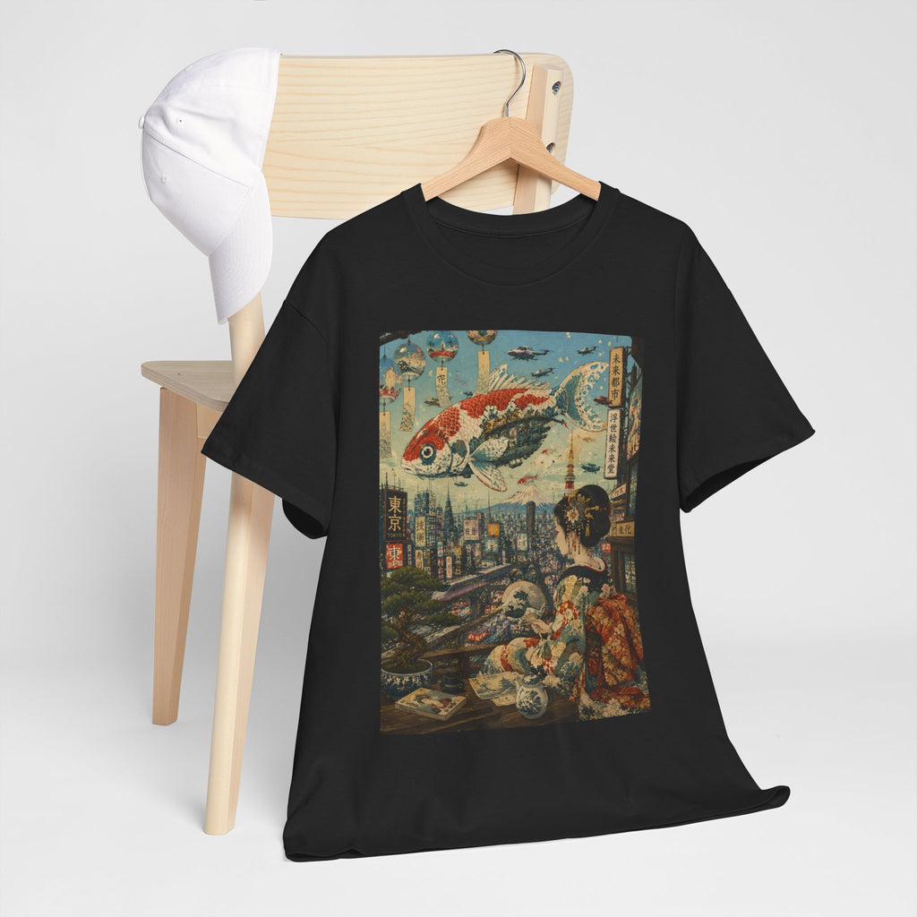 Koi Cityscape T-Shirt — Retro Japanese Ukiyo-e Urban Fantasy Tee - Japanese Streetwear T-Shirt | Tokyo Style X