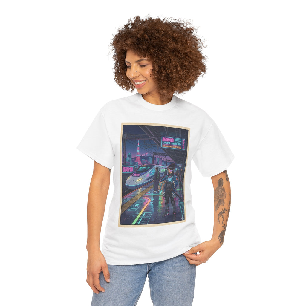 Cyberpunk Cityscape T-Shirt — Neon Train & Futuristic Rider Graphic Tee