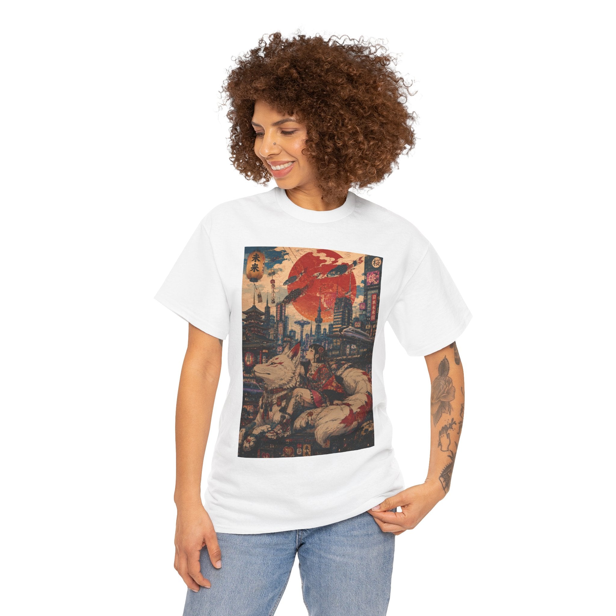 Graphic Tee — Cyberpunk Samurai Cityscape with Sleeping Fox - Japanese Streetwear T-Shirt | Tokyo Style X