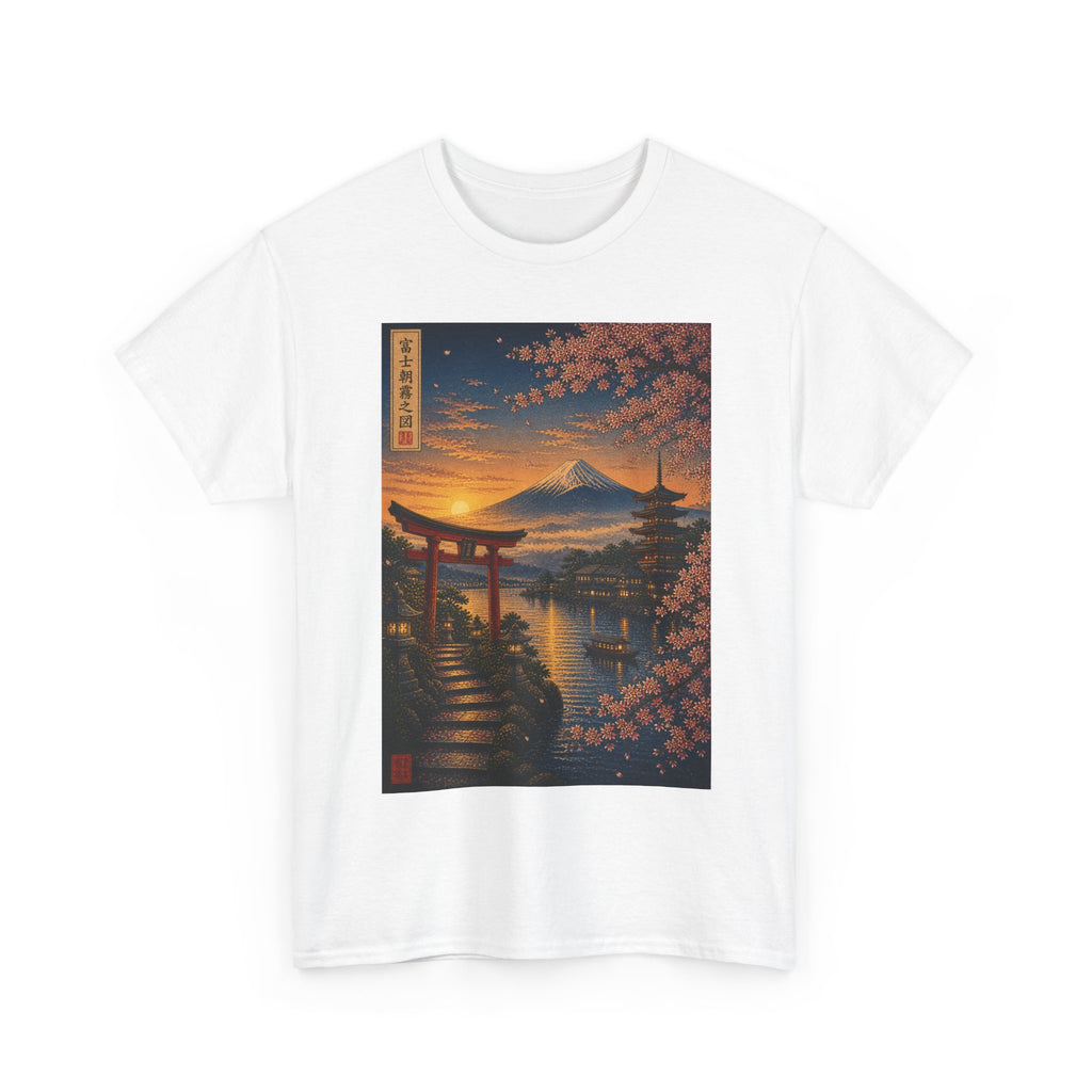 Japanese Sunset Torii T-Shirt — Cherry Blossom Mount Fuji Graphic Tee