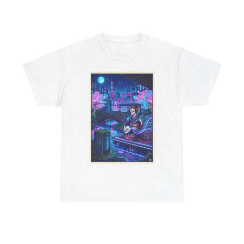 Anime Cyberpunk Guitarist T‑Shirt — Neon City Nightscape Tee
