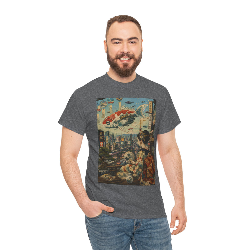 Koi Cityscape T-Shirt — Retro Japanese Ukiyo-e Urban Fantasy Tee - Japanese Streetwear T-Shirt | Tokyo Style X