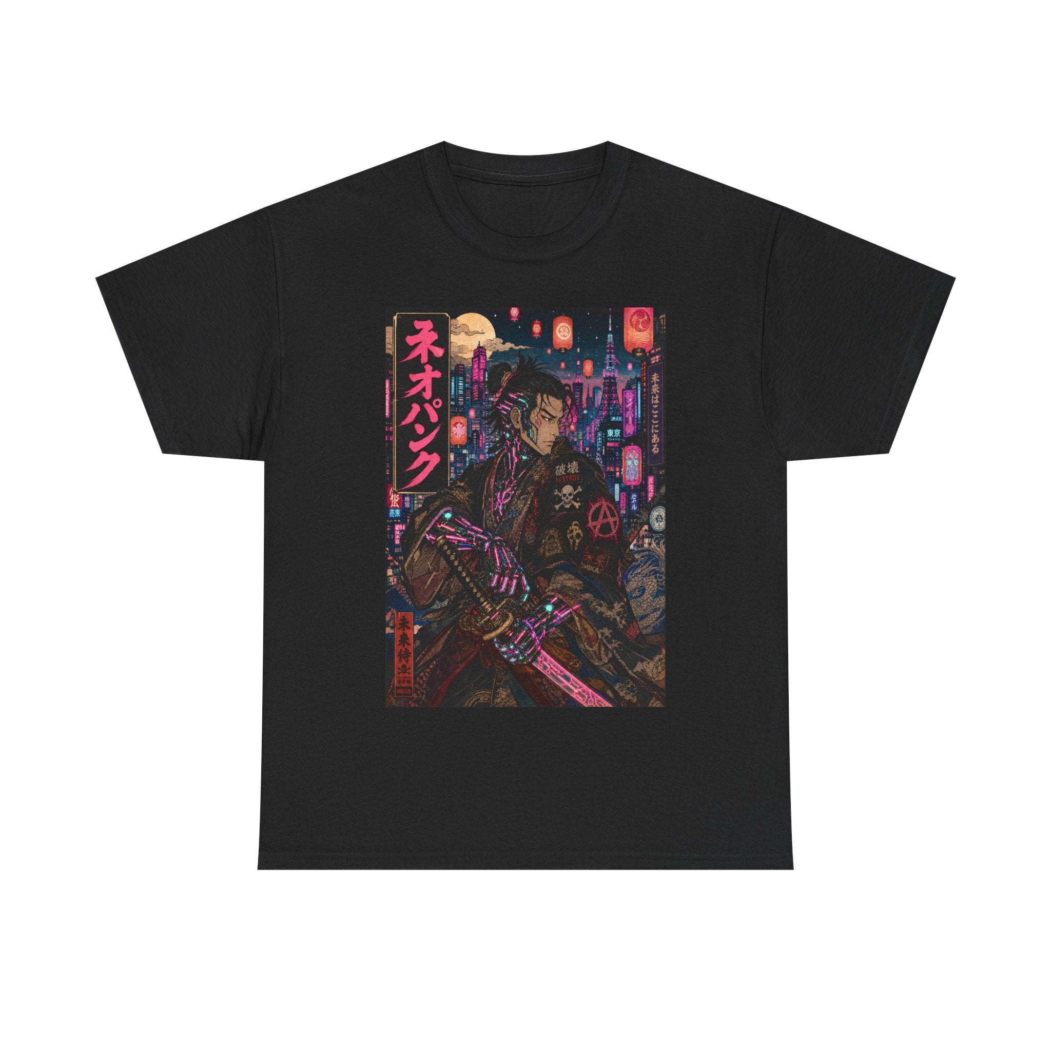Cyberpunk Samurai T‑Shirt — Neon Night Streetwear with Japanese Text