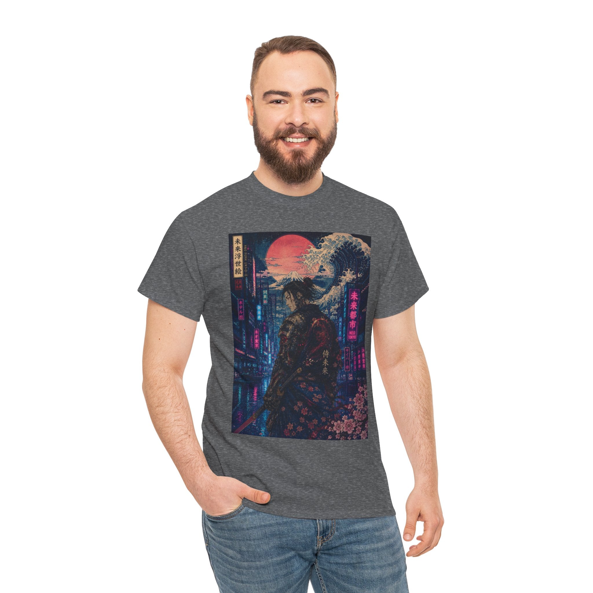 Samurai Neon City T‑Shirt — Cyberpunk Moonlit Japanese Street Graphic Tee