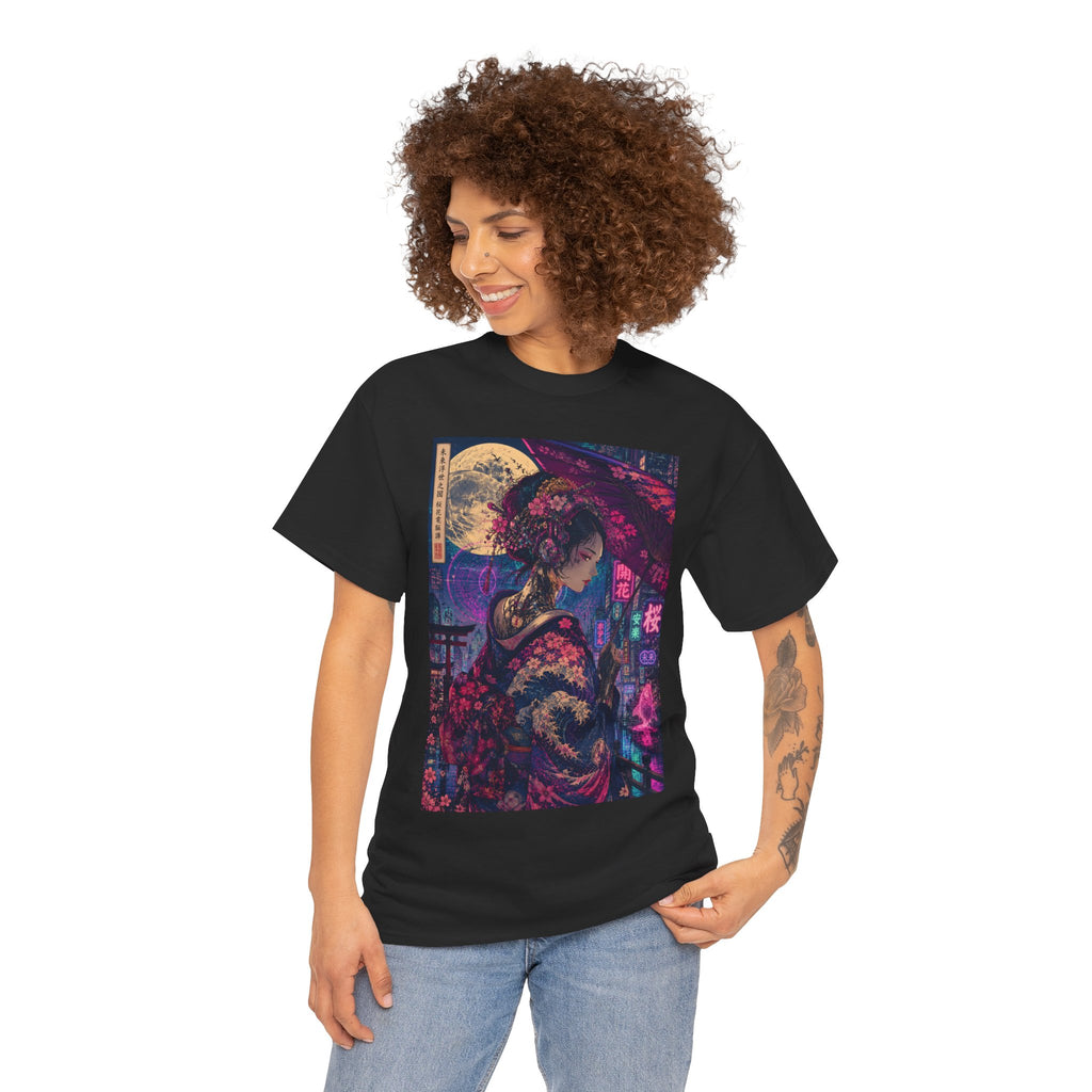 Geisha Neon Nights T-Shirt — Moonlit Sakura Cyberpunk Art Tee - Japanese Streetwear T-Shirt | Tokyo Style X