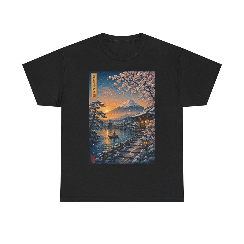 Japanese Sakura Sunset T-Shirt — Mount Fuji Cherry Blossom Print