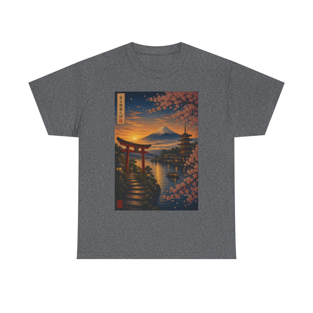 Japanese Sunset Torii T-Shirt — Cherry Blossom Mount Fuji Graphic Tee