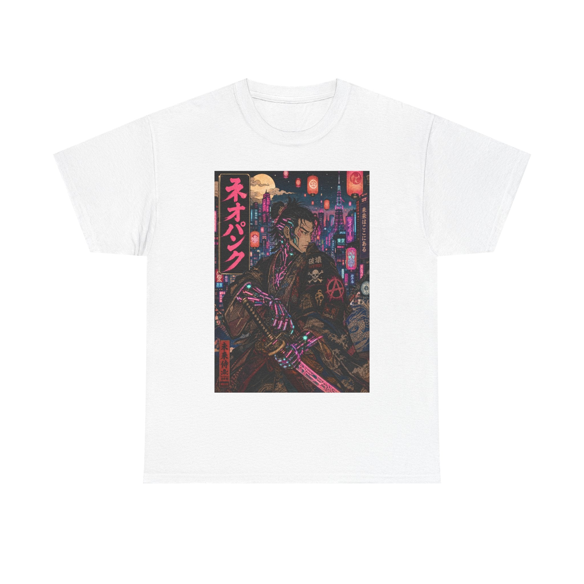 Cyberpunk Samurai T‑Shirt — Neon Night Streetwear with Japanese Text