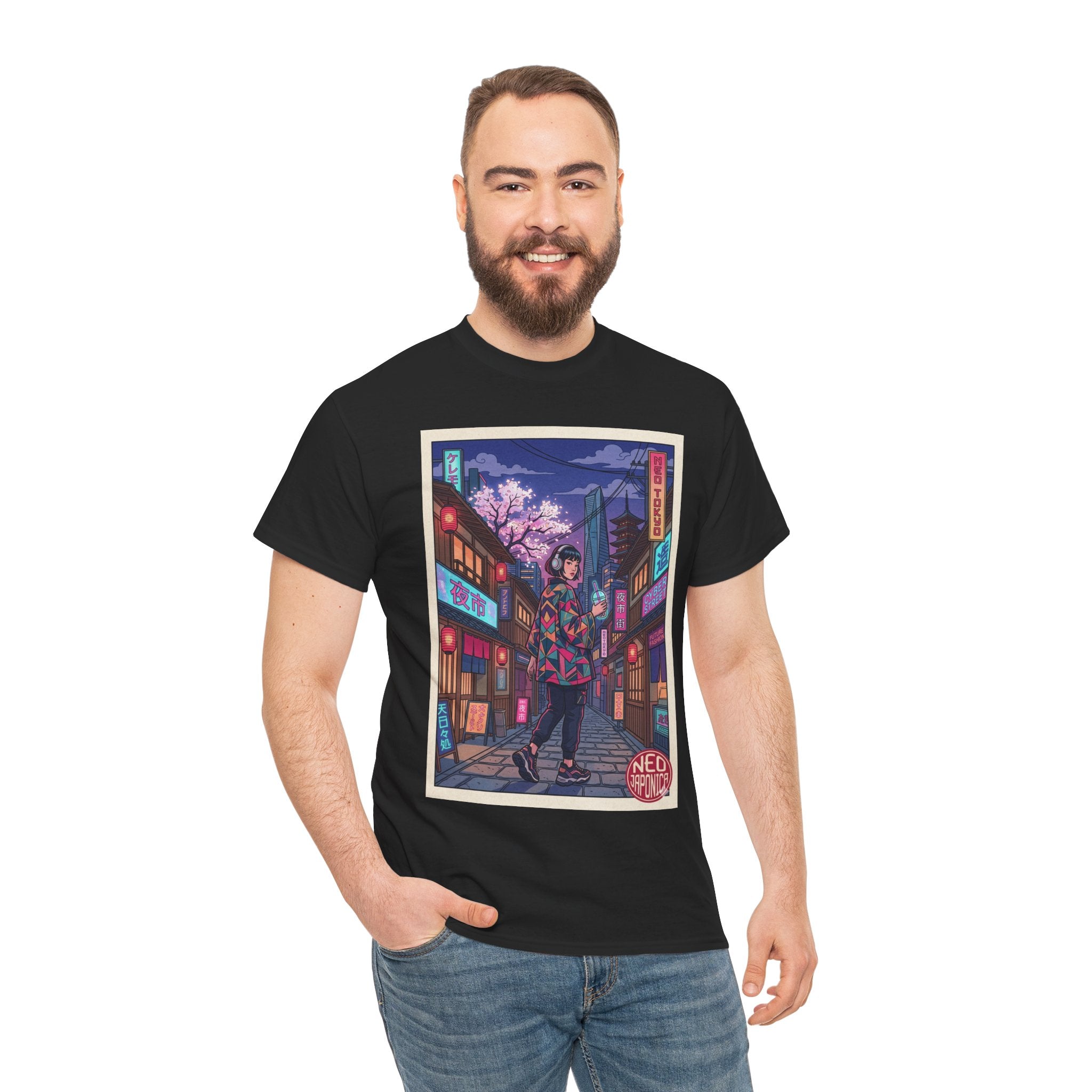 Anime Cyberpunk Streetwear Tee — Neon Night Sakura Print - Japanese Streetwear T-Shirt | Tokyo Style X