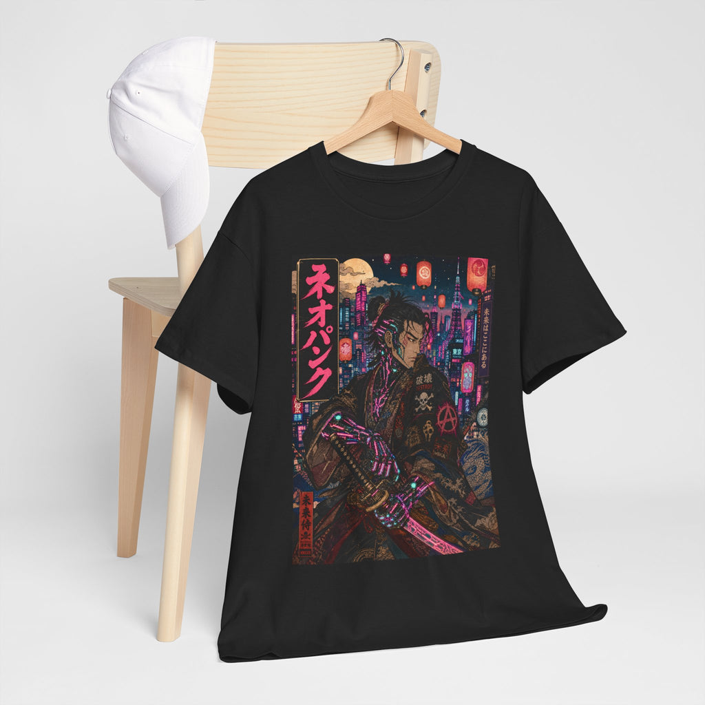 Cyberpunk Samurai T‑Shirt — Neon Night Streetwear with Japanese Text