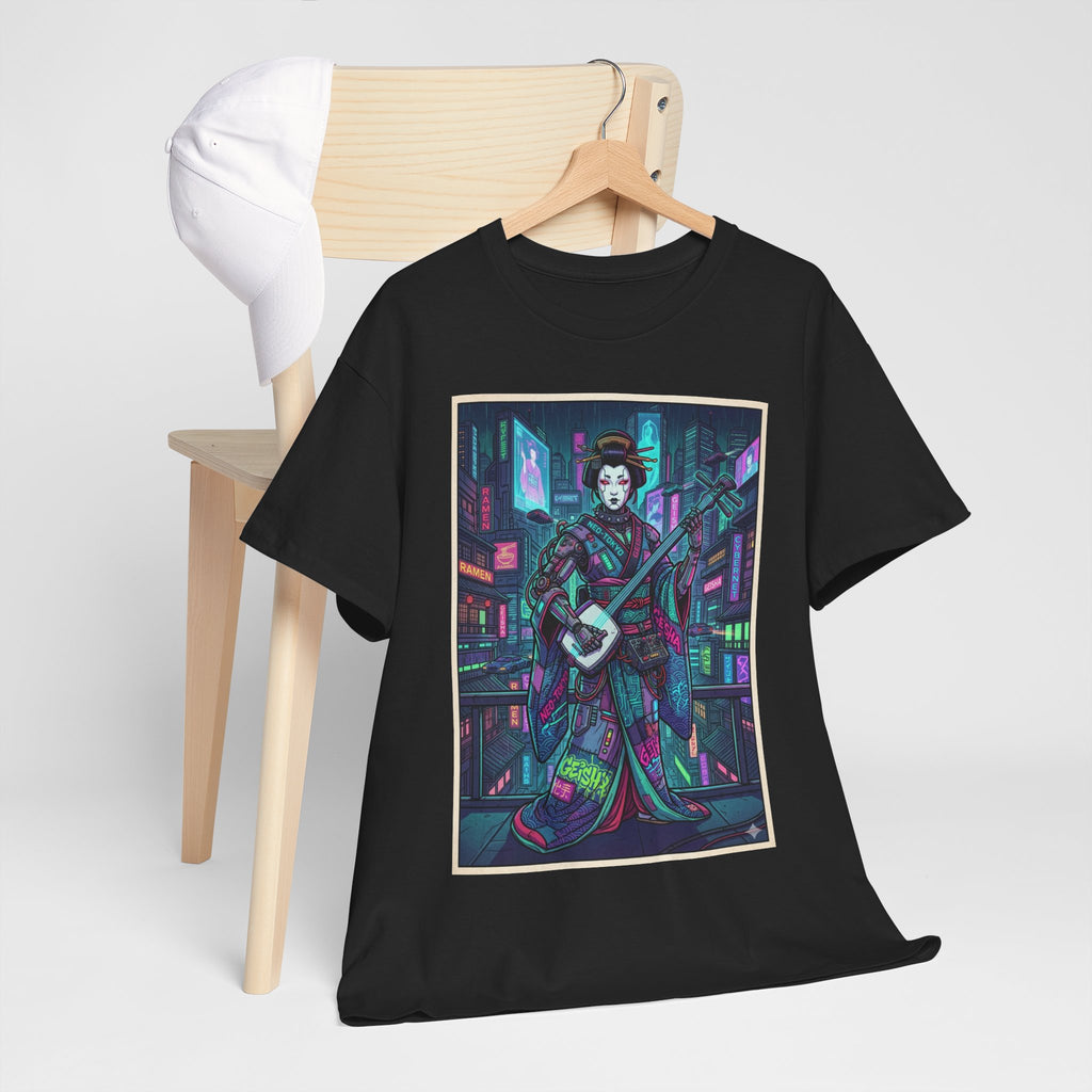Geisha Synthwave T-Shirt — Neon City Shamisen Art Tee