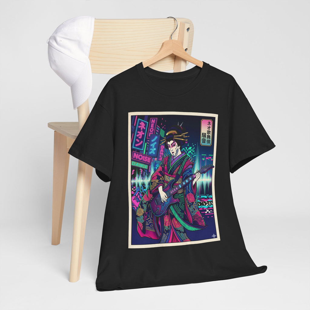 Geisha Guitar Tee — Neon Cyberpunk Japanese Rock T-Shirt