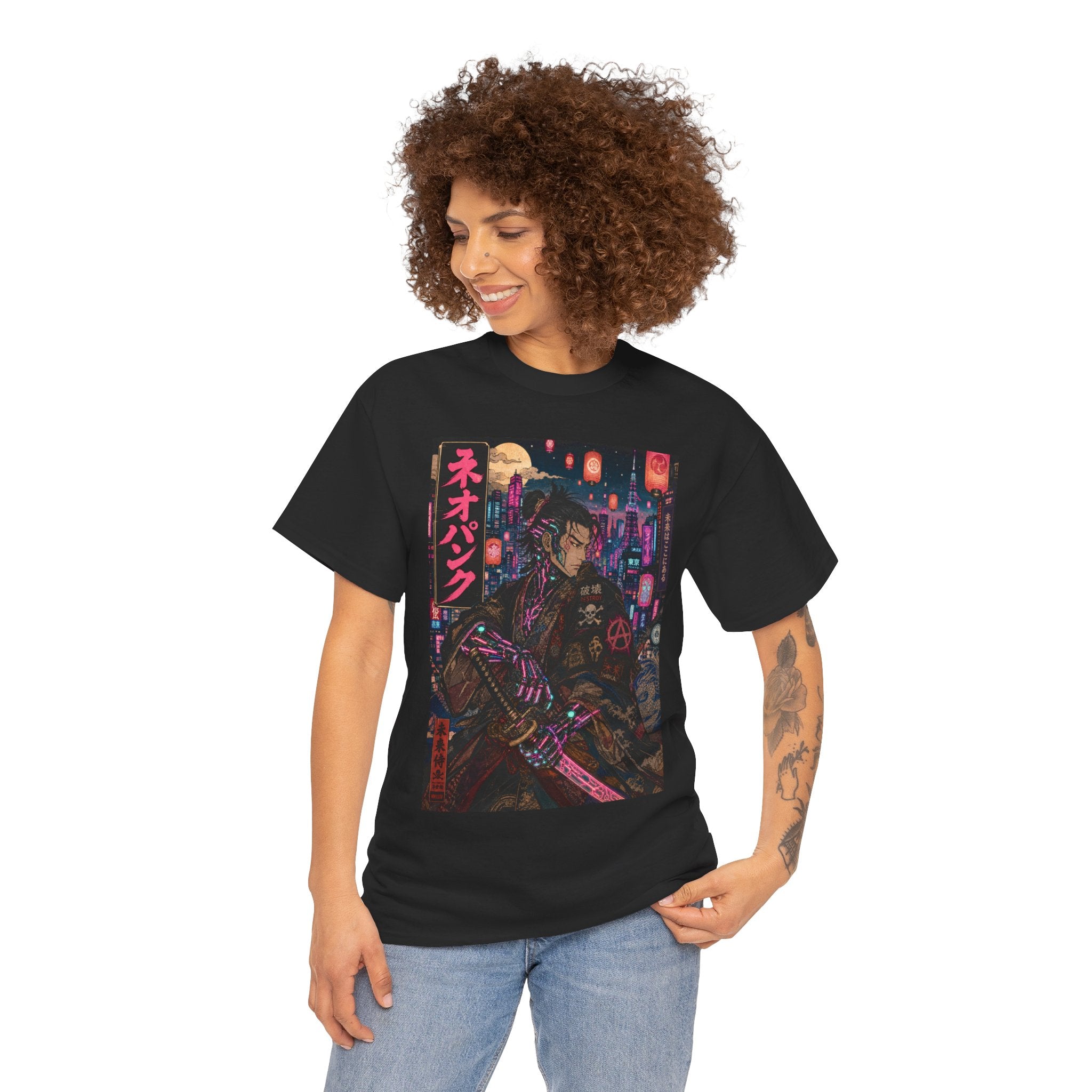 Cyberpunk Samurai T‑Shirt — Neon Night Streetwear with Japanese Text