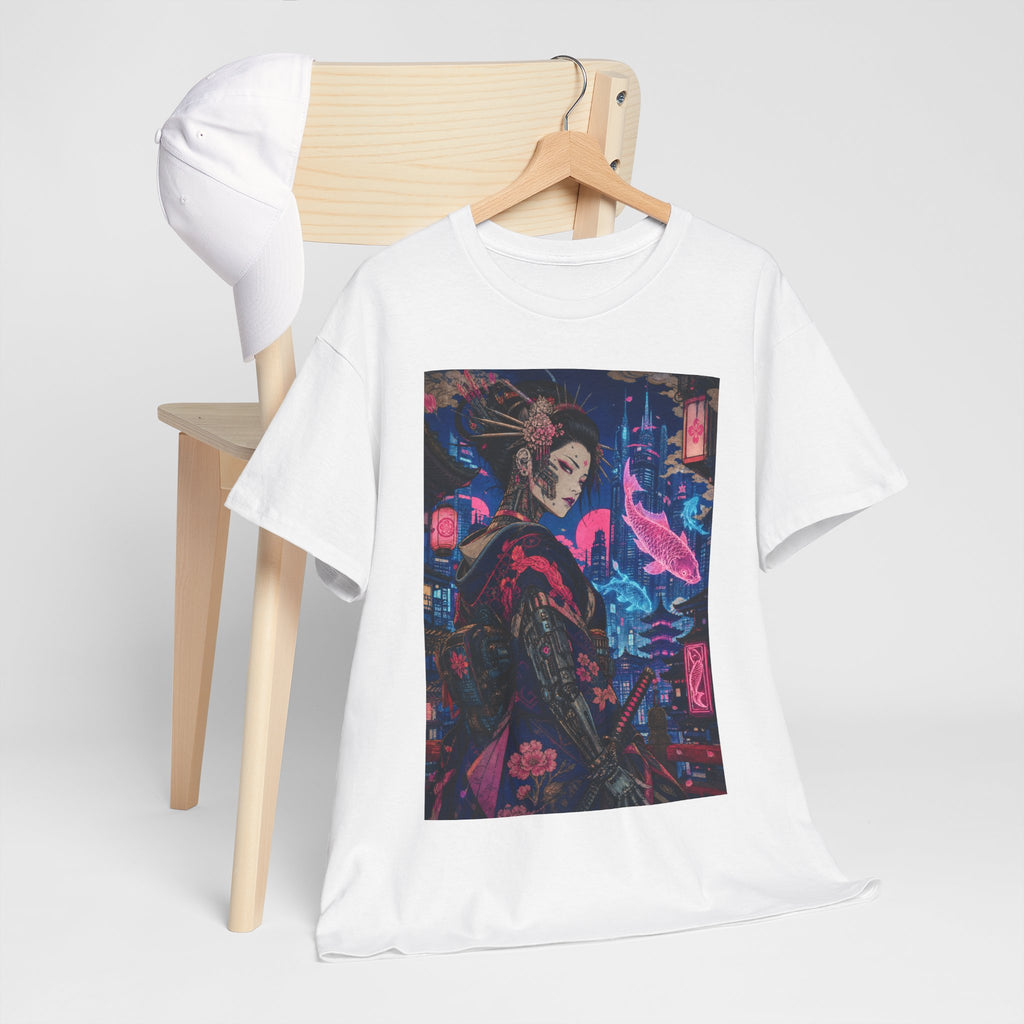 Cyberpunk Geisha Art Tee — Neon Tokyo Samurai Girl Graphic T-Shirt