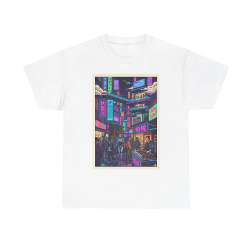 Cyberpunk City Streets Graphic Tee — Neon Night Market Illustration
