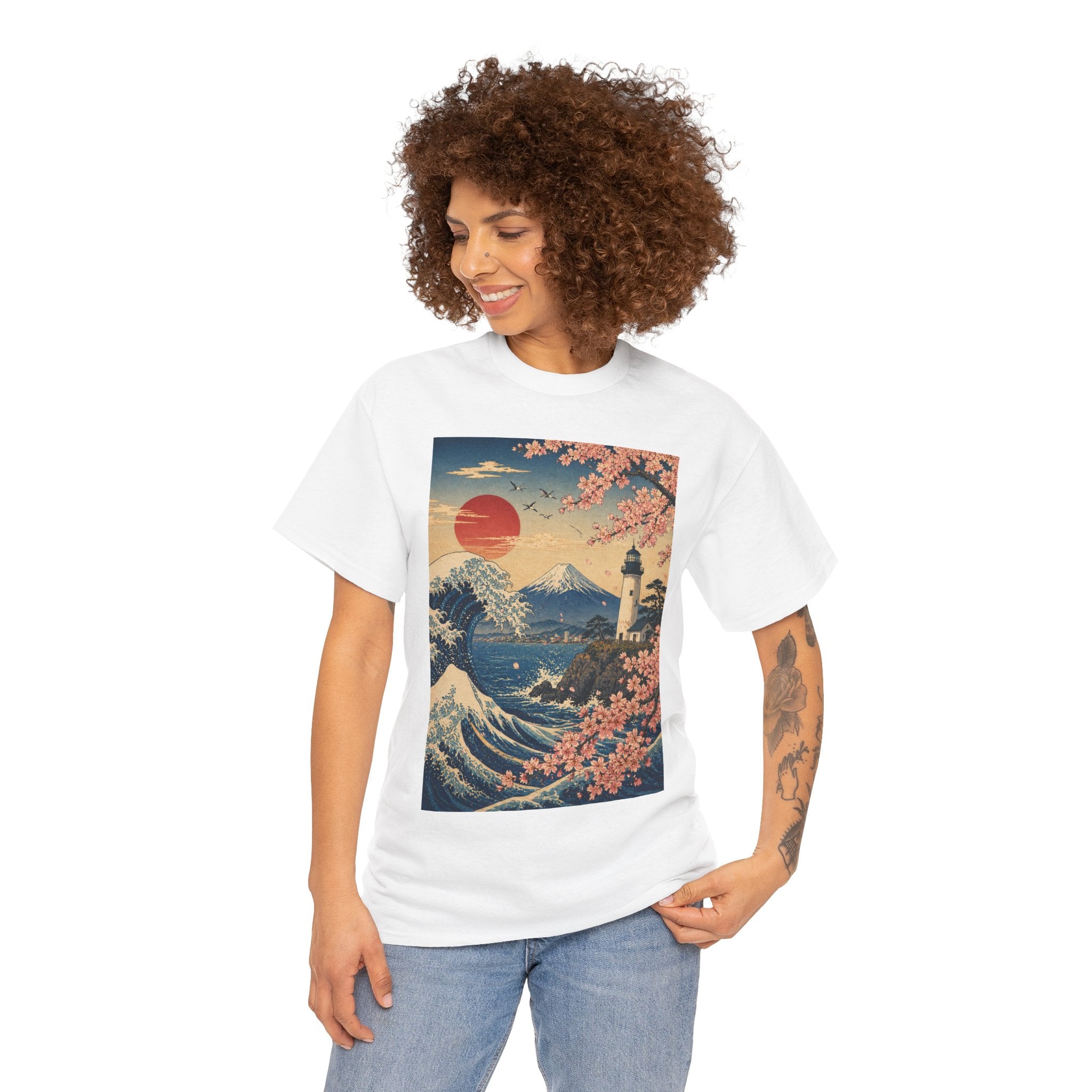 Japanese Wave & Cherry Blossom Art Tee — Mt. Fuji Sunset Graphic T-Shirt
