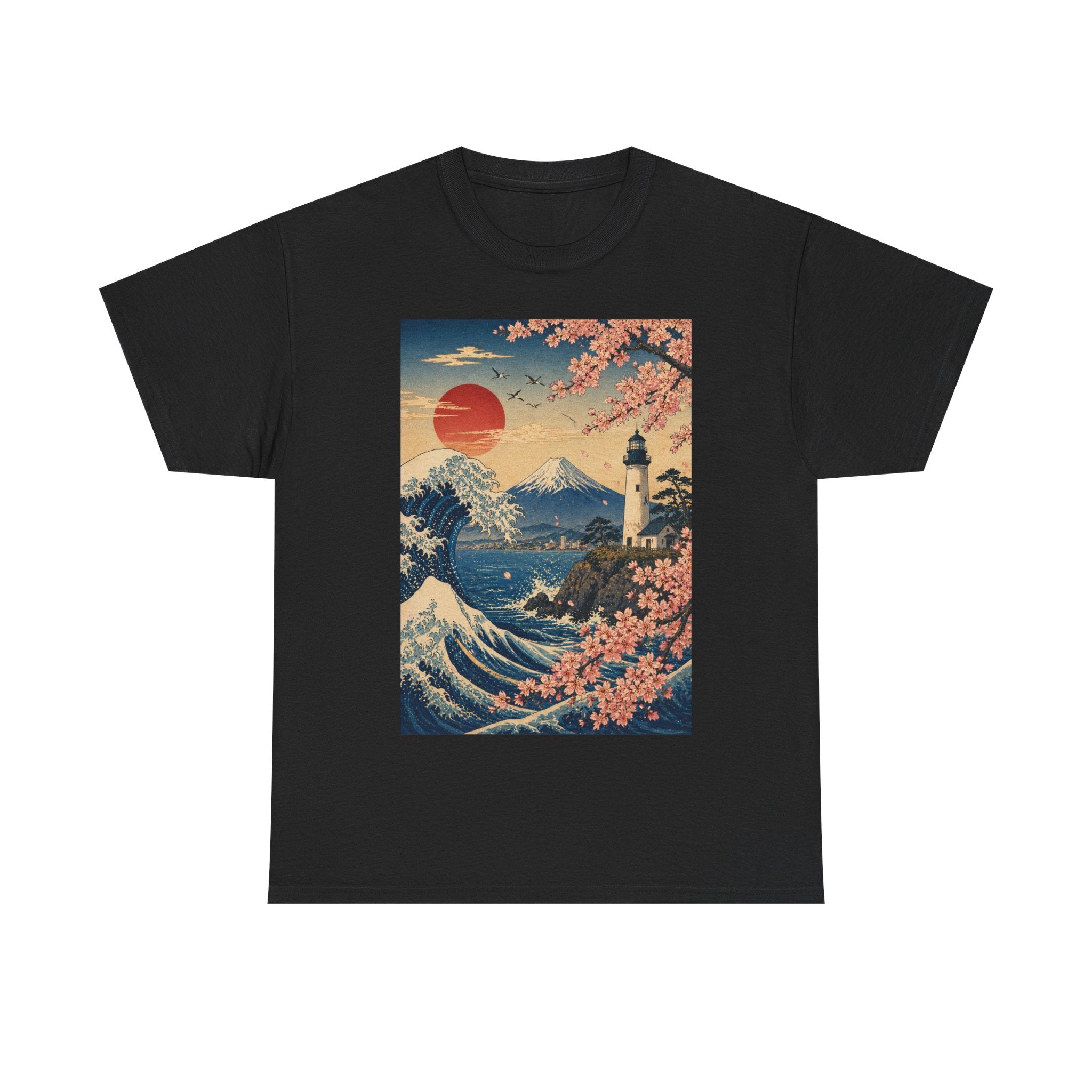 Japanese Wave & Cherry Blossom Art Tee — Mt. Fuji Sunset Graphic T-Shirt