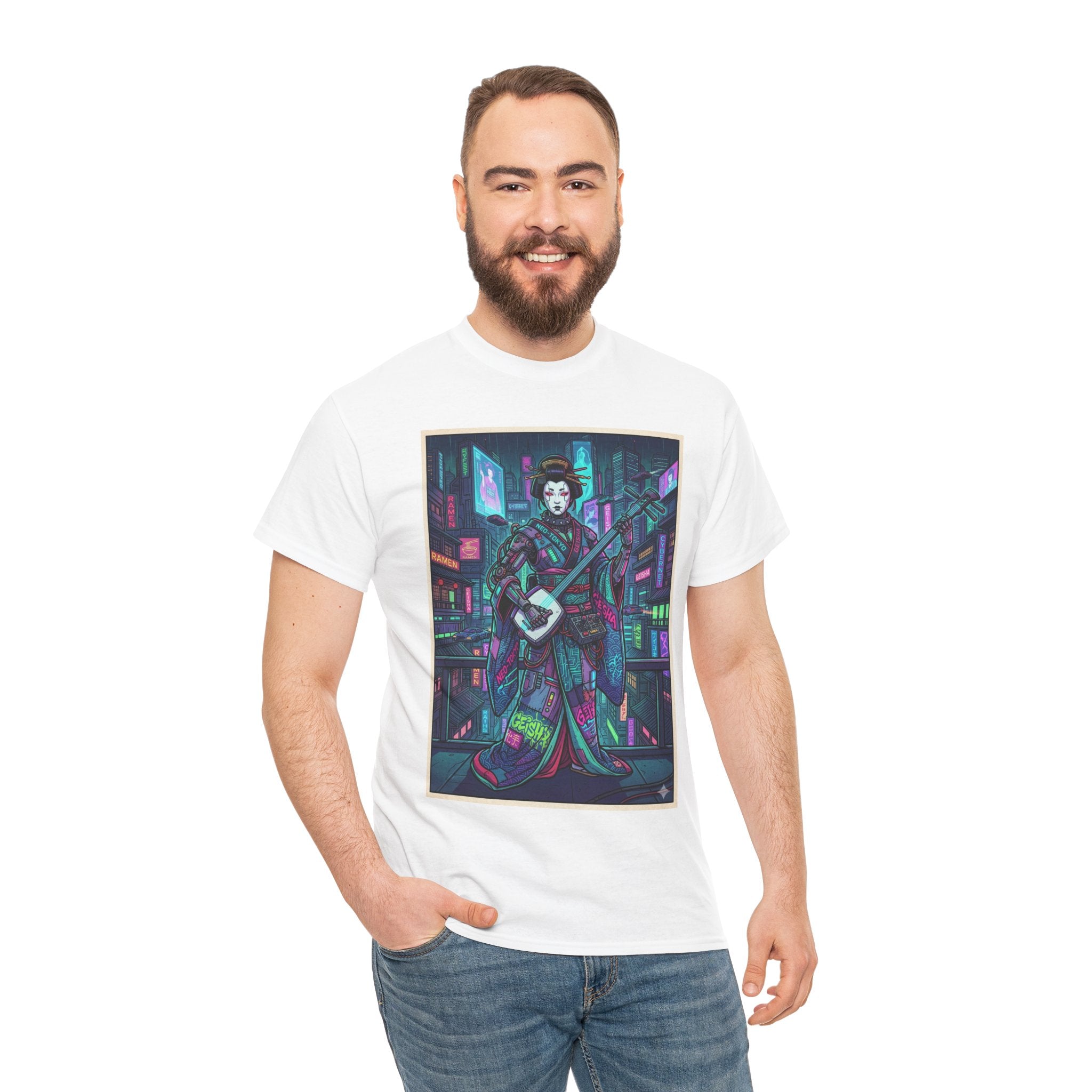Geisha Synthwave T-Shirt — Neon City Shamisen Art Tee