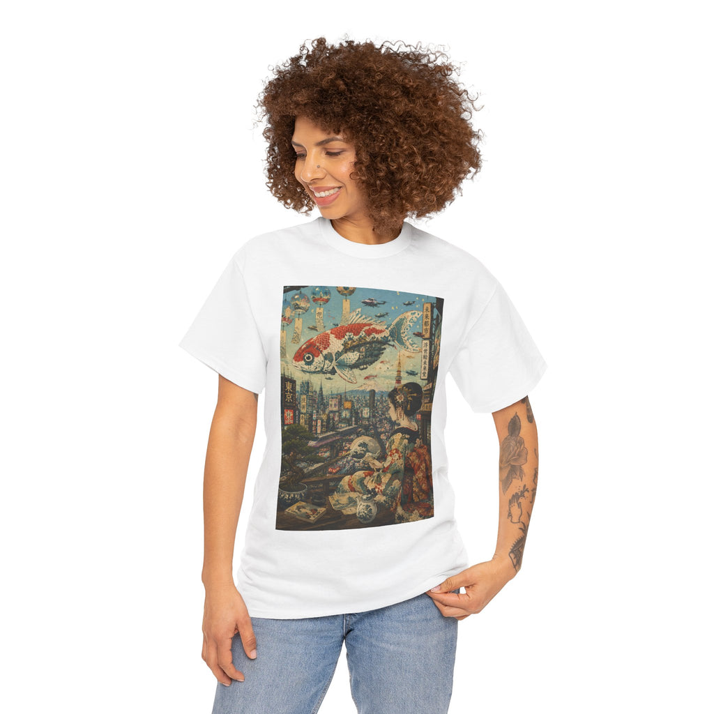 Koi Cityscape T-Shirt — Retro Japanese Ukiyo-e Urban Fantasy Tee - Japanese Streetwear T-Shirt | Tokyo Style X