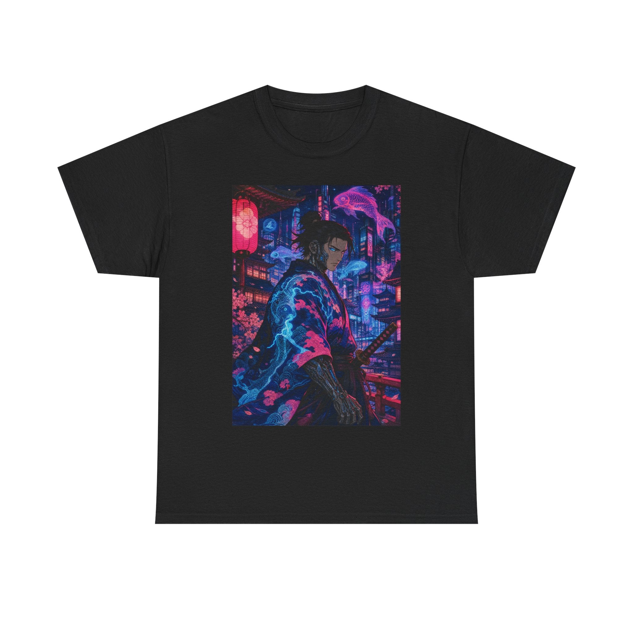 Cyberpunk Samurai T-Shirt — Neon City Nightscape Graphic Tee