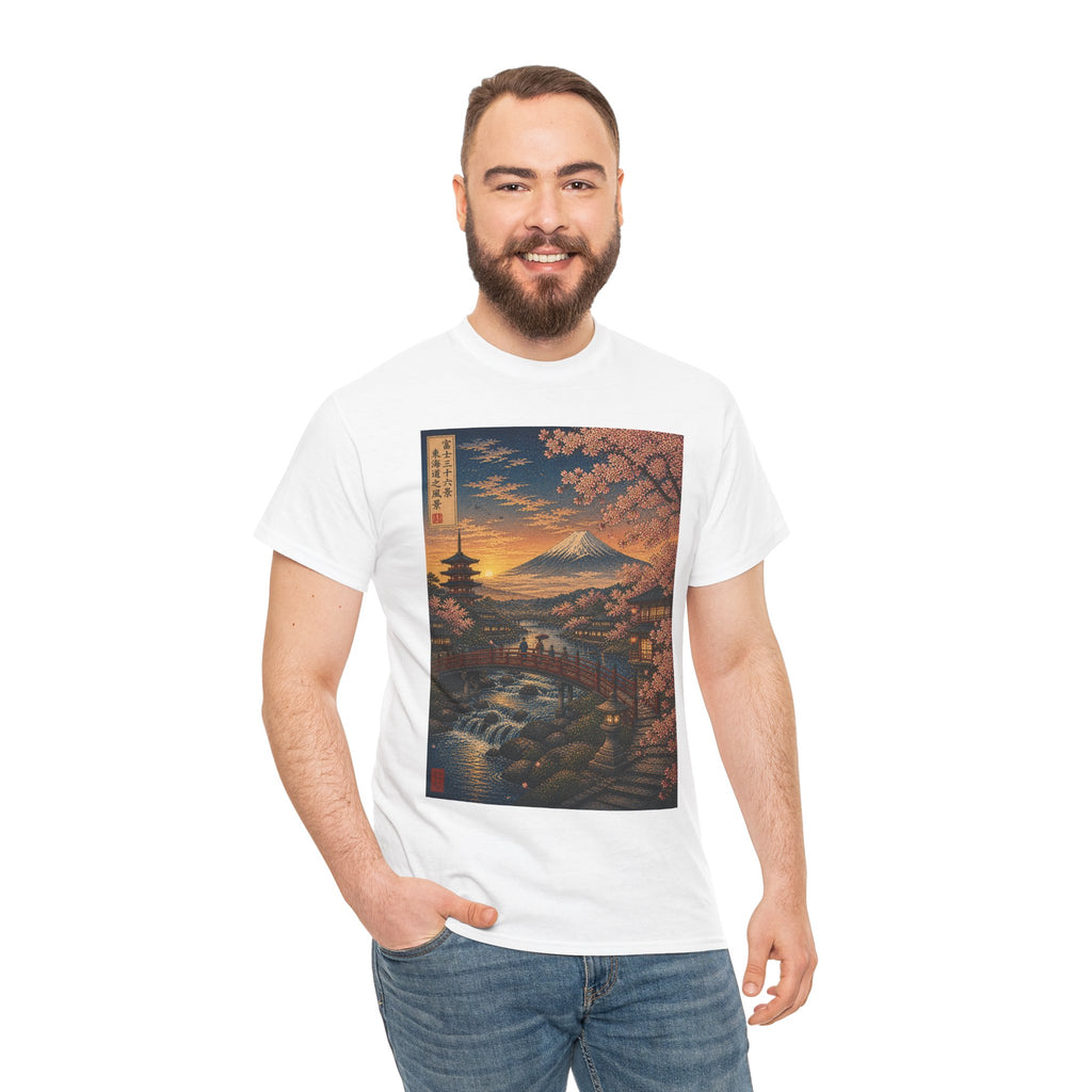 Japanese Cherry Blossom Landscape Tee — Mount Fuji Sunset Graphic T-Shirt