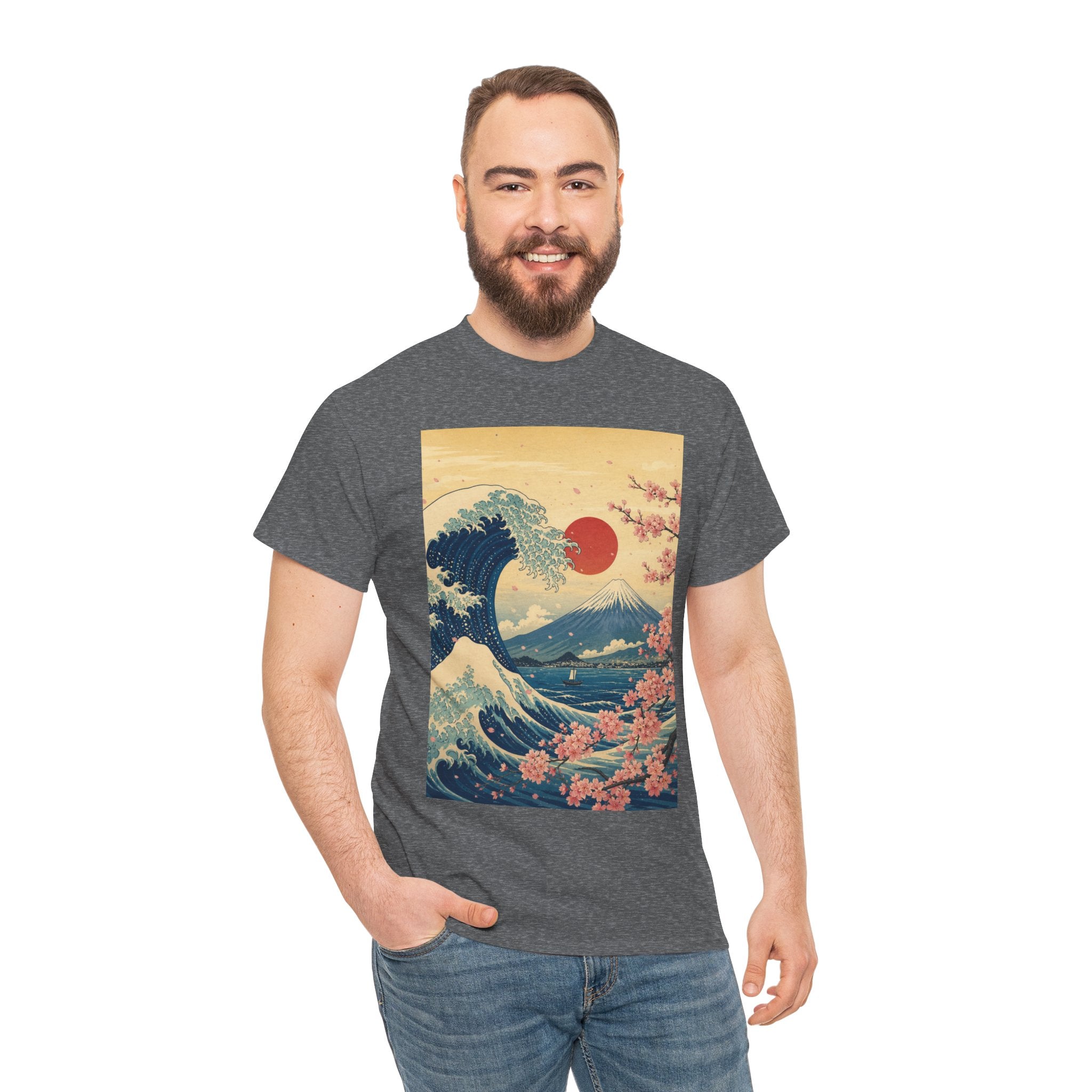 Vintage Japanese Wave Tee — Mount Fuji, Sakura & Red Sun Graphic T-Shirt