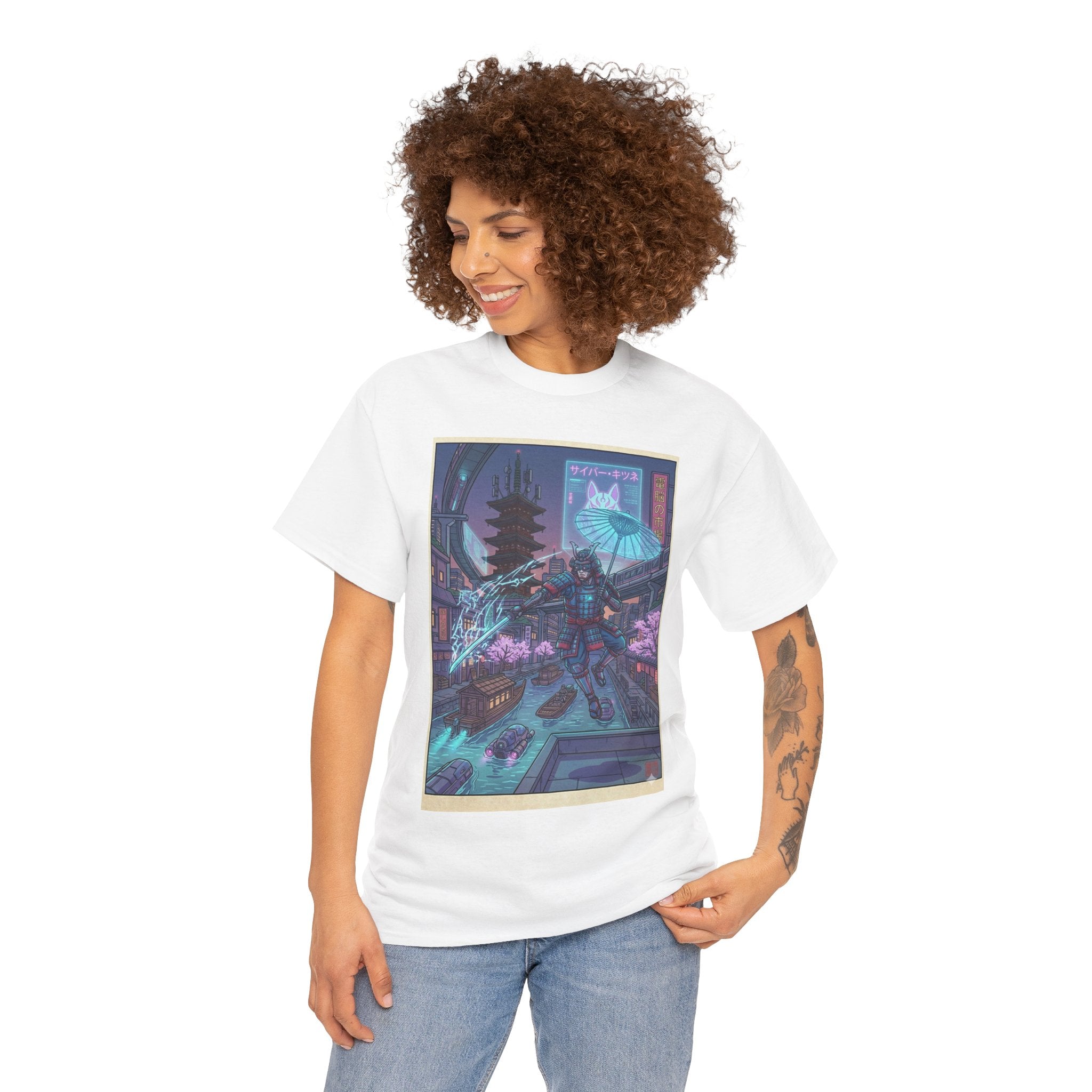 Cyberpunk Samurai Tee — Neon Night City Graphic T-Shirt - Japanese Streetwear T-Shirt | Tokyo Style X