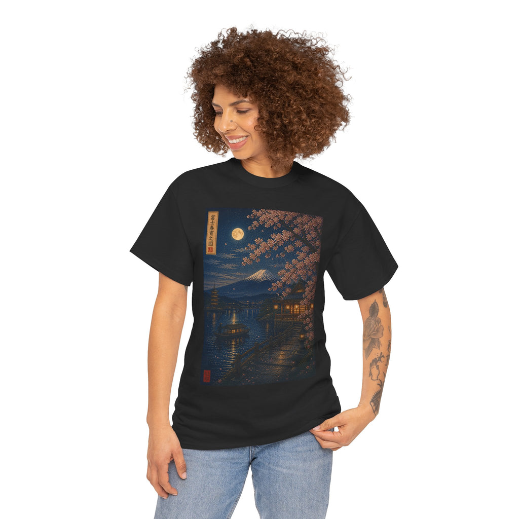 Moonlit Sakura Tee — Japanese Nightscape Graphic T-Shirt