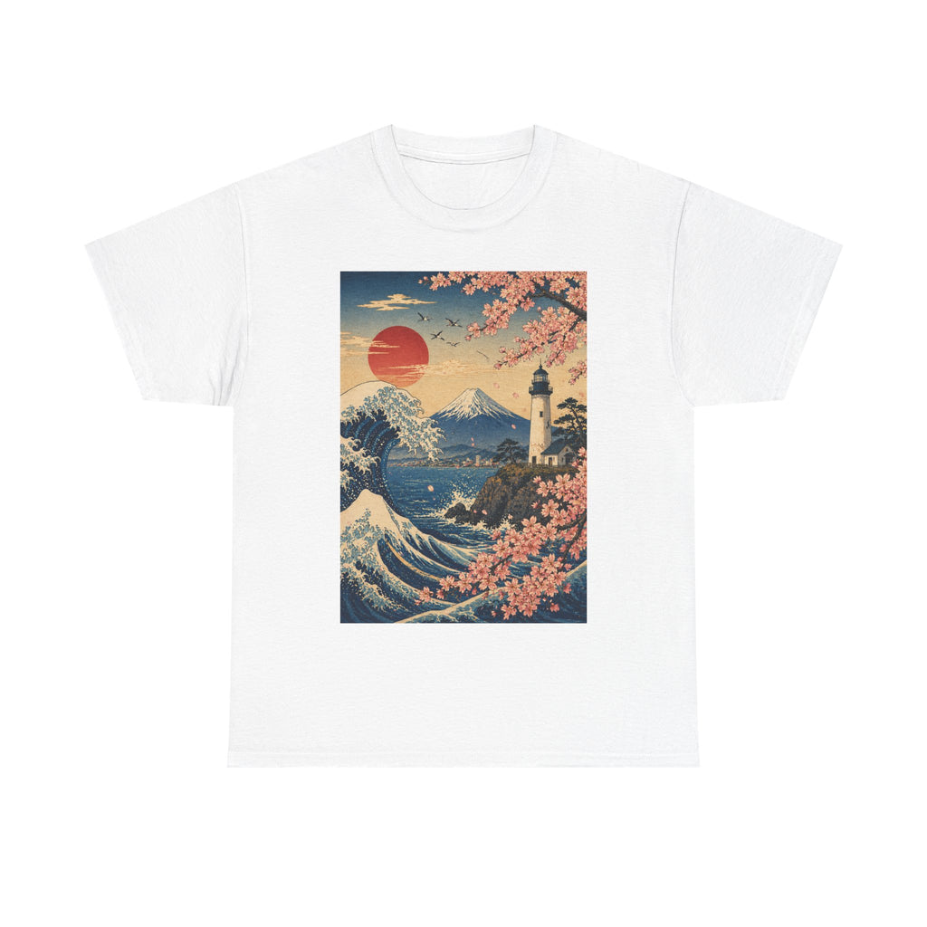 Japanese Wave & Cherry Blossom Art Tee — Mt. Fuji Sunset Graphic T-Shirt