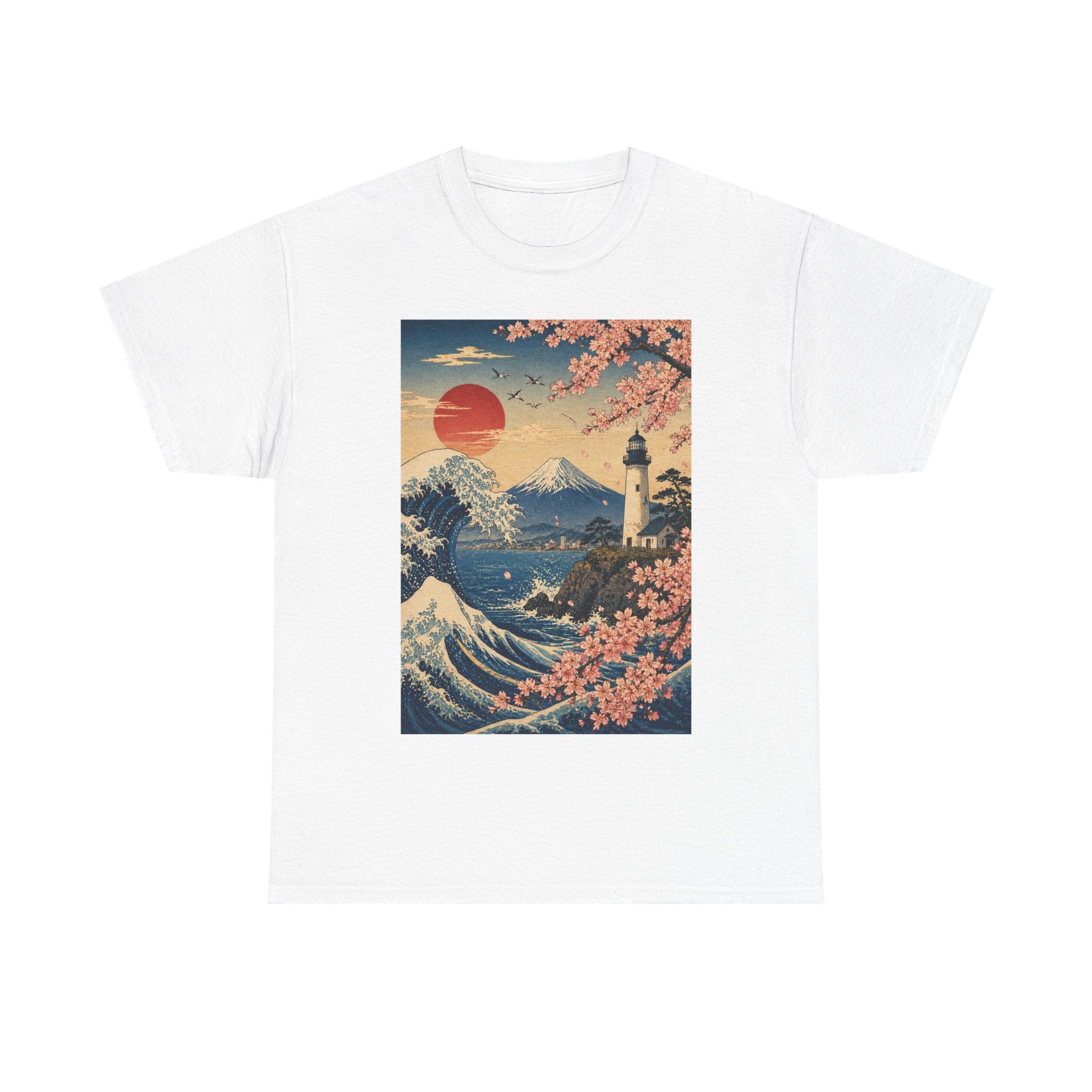 Japanese Wave & Cherry Blossom Art Tee — Mt. Fuji Sunset Graphic T-Shirt