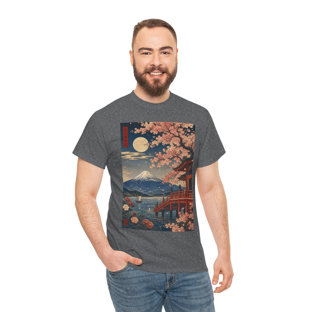 Japanese Cherry Blossom Scenic Tee — Mt. Fuji Sunset Print