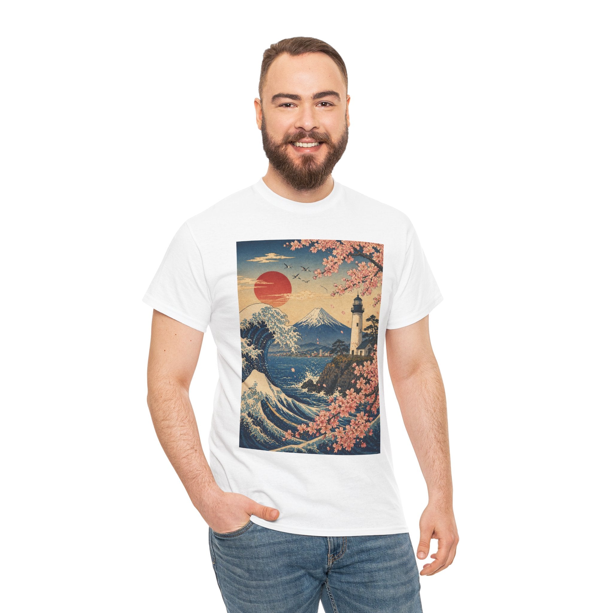 Japanese Wave & Cherry Blossom Art Tee — Mt. Fuji Sunset Graphic T-Shirt