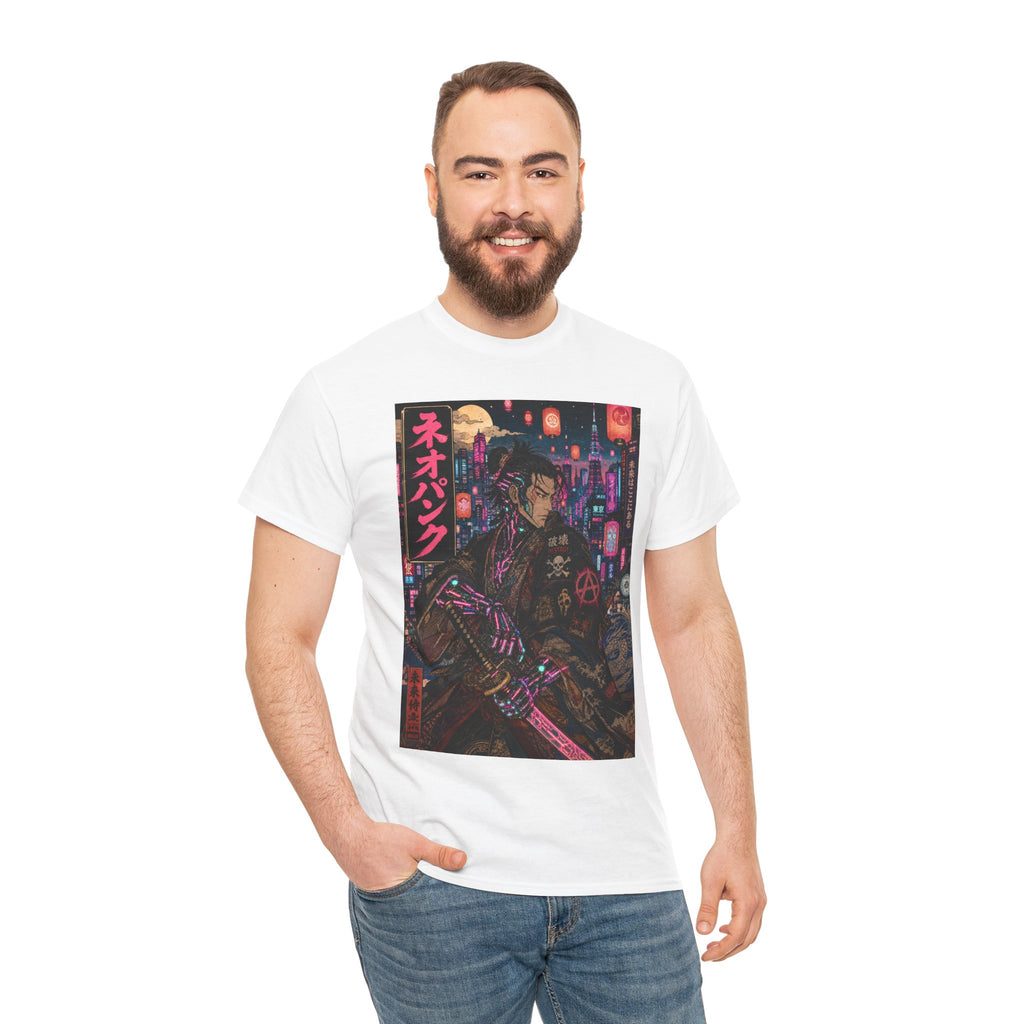 Cyberpunk Samurai T‑Shirt — Neon Night Streetwear with Japanese Text