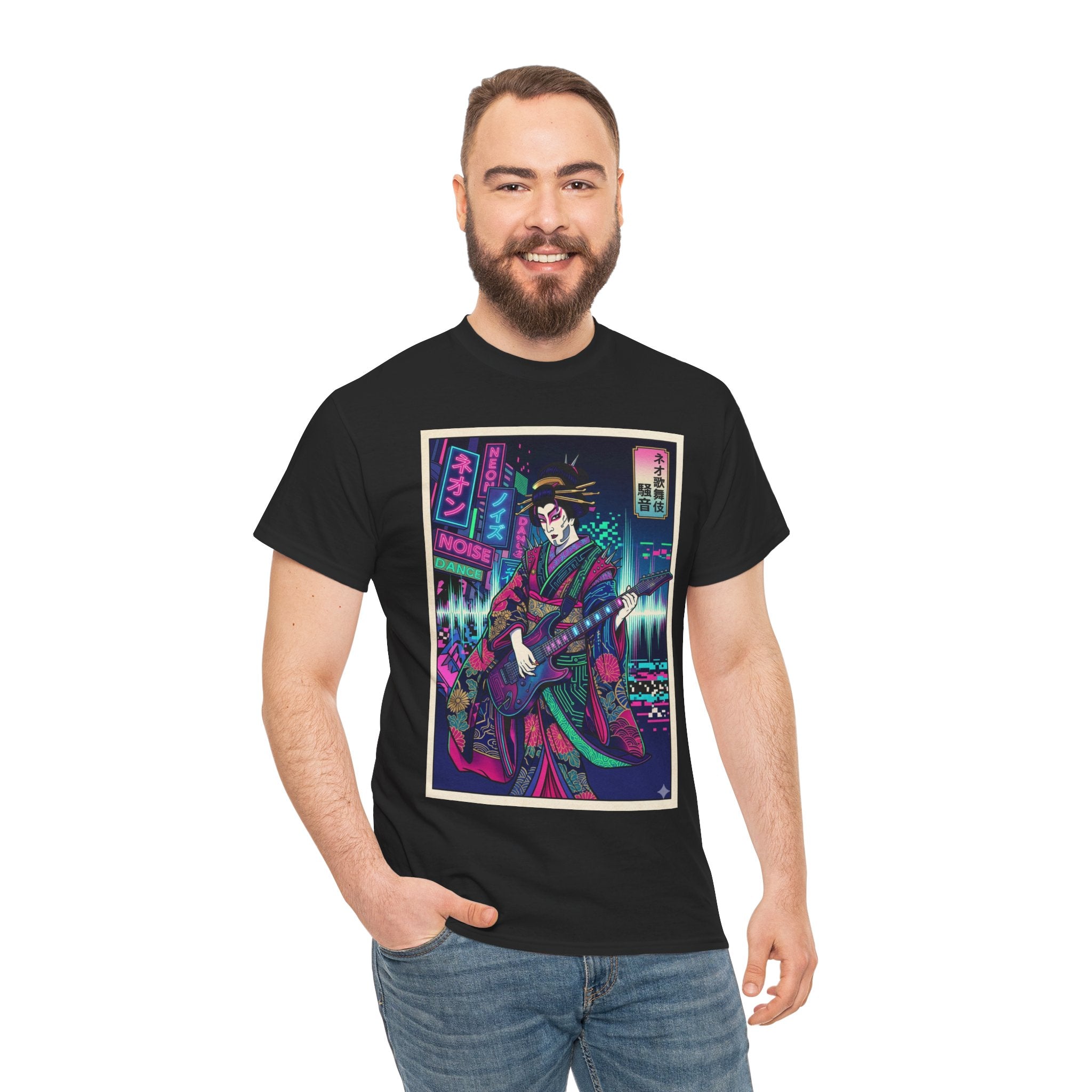 Geisha Guitar Tee — Neon Cyberpunk Japanese Rock T-Shirt