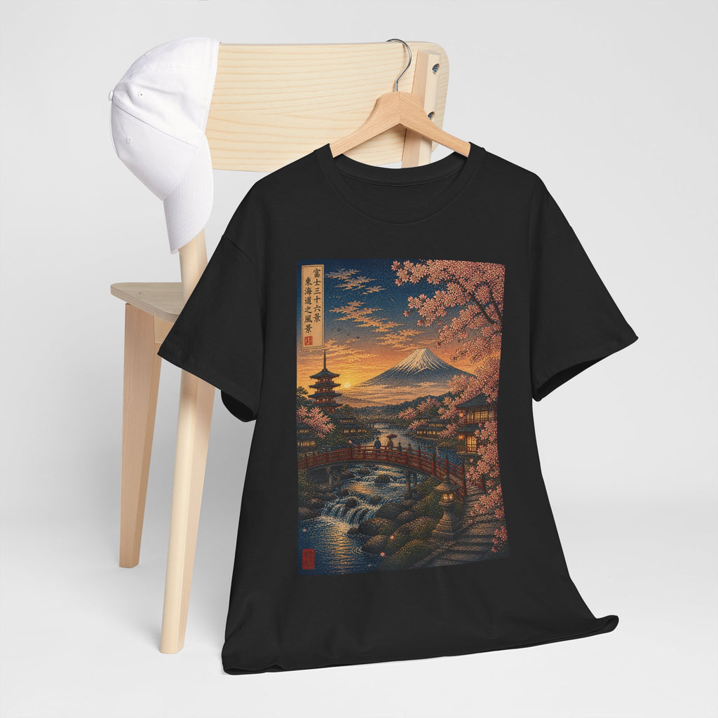 Japanese Cherry Blossom Landscape Tee — Mount Fuji Sunset Graphic T-Shirt